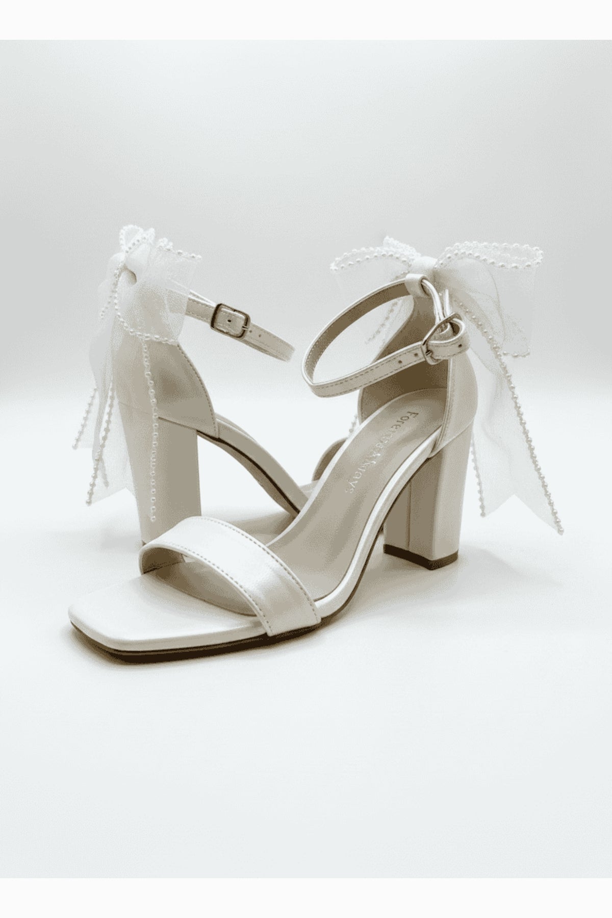 Evarose Open Toe Bow Detail Block Heel Bridal Sandals – back view showing bow, lace, ivory, Vowalisse