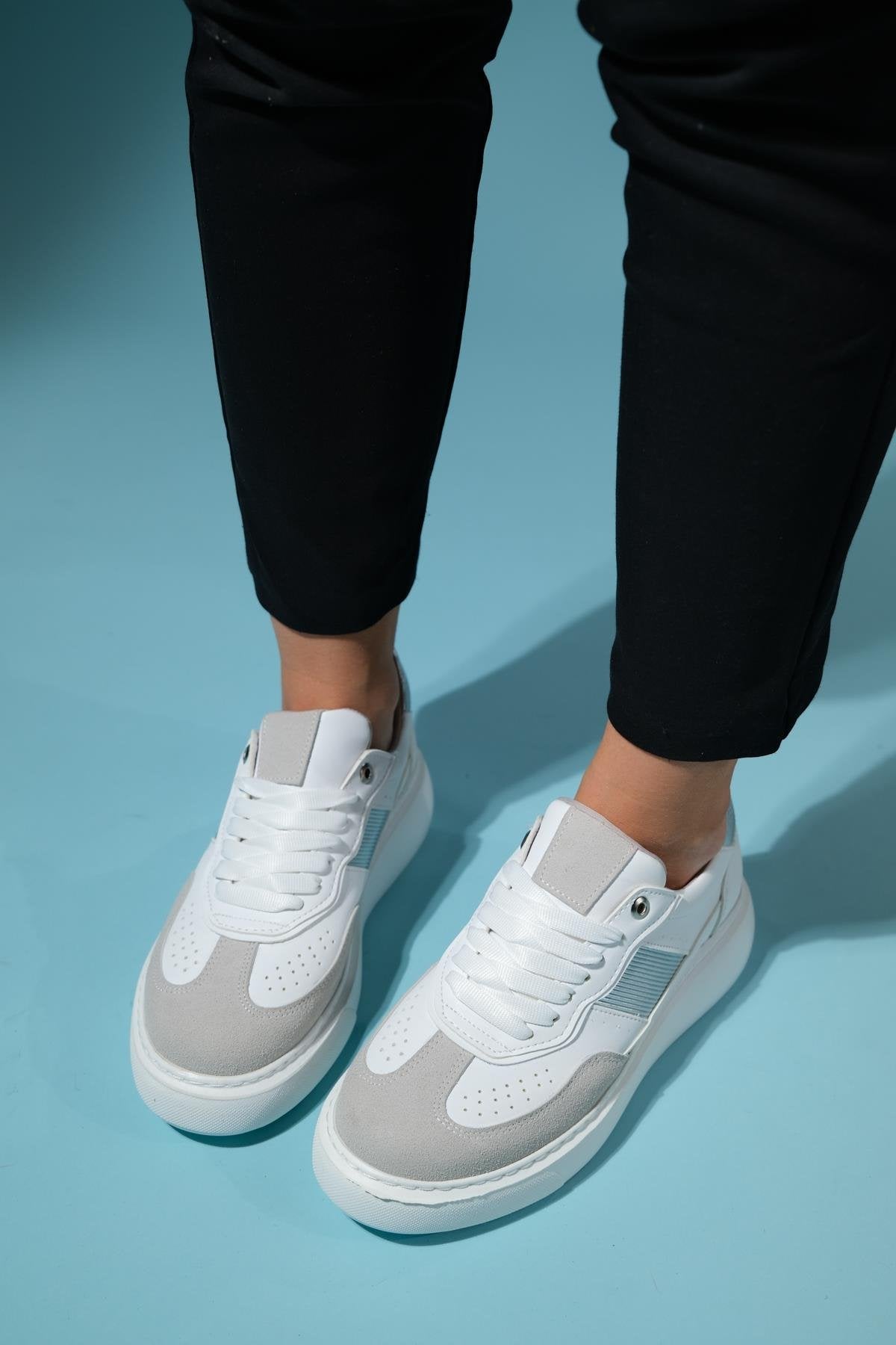 Venetia - White Gray Athletic Sneaker – side view showing leather, white, red, Vowalisse