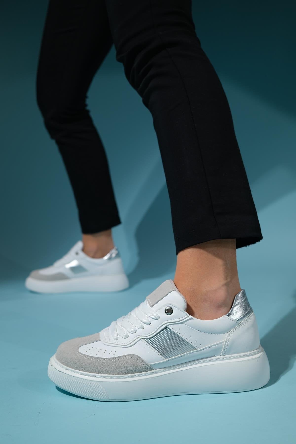Venetia - White Gray Athletic Sneaker – detail view showing leather, white, red, Vowalisse