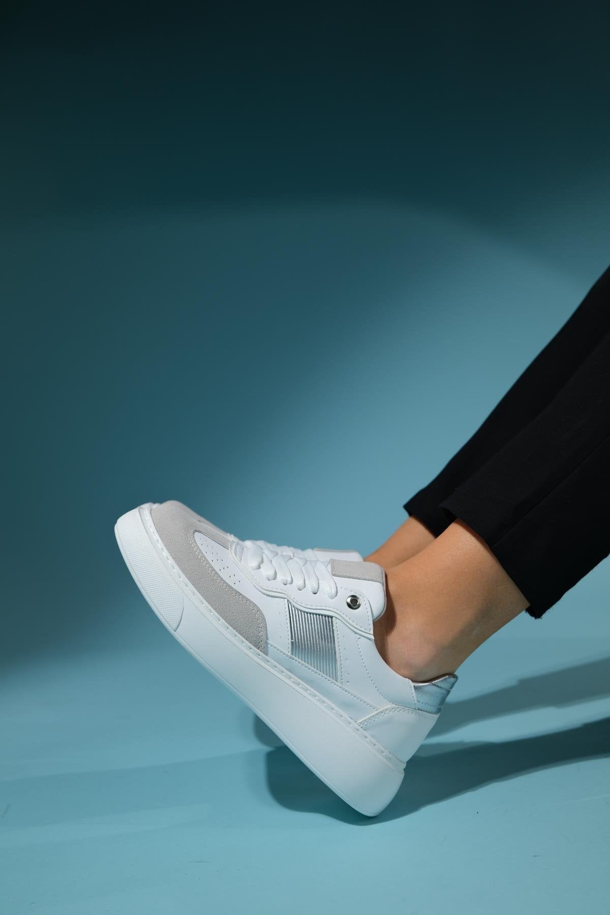 Venetia - White Gray Athletic Sneaker – heel view showing leather, white, red, Vowalisse