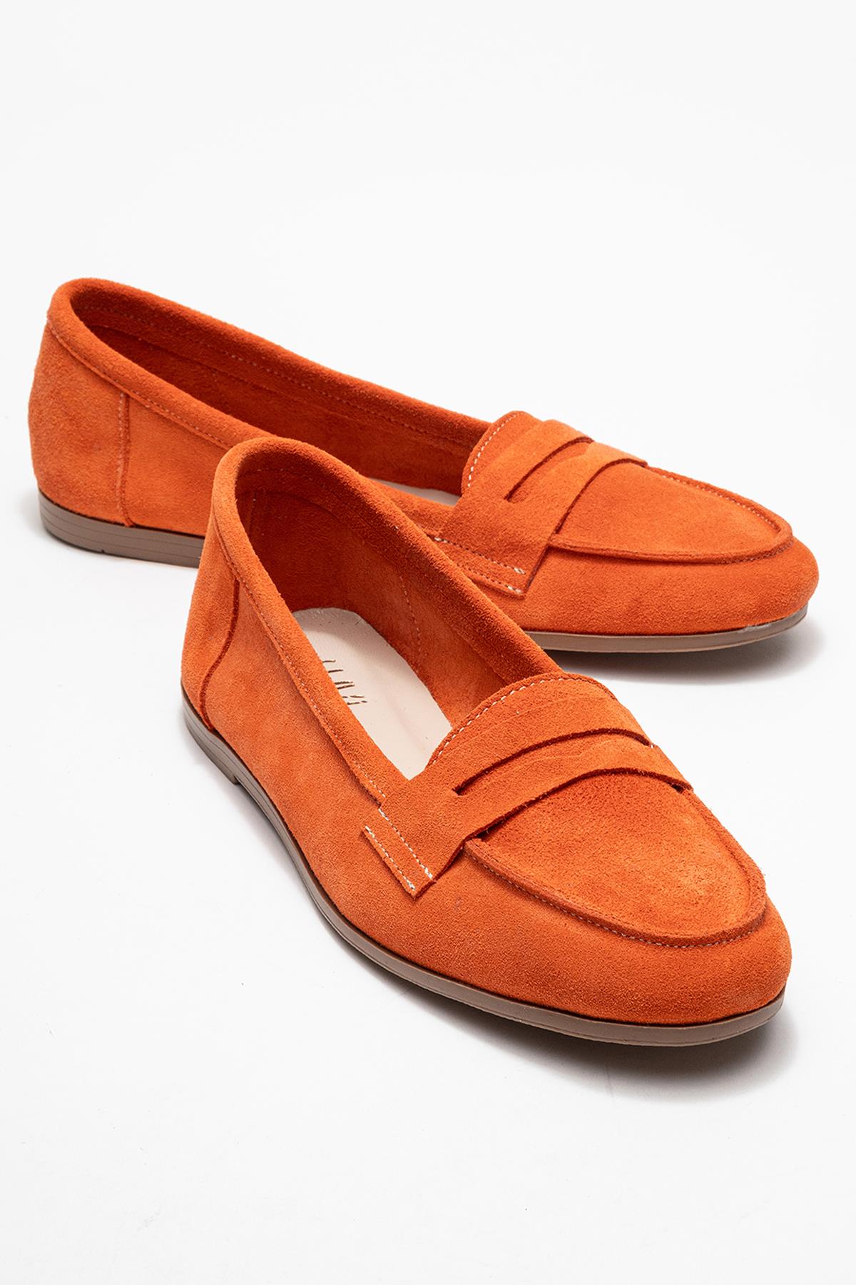 F02 - Orange Genuine Leather Loafer – front three-quarter view showing leather, Vowalisse
