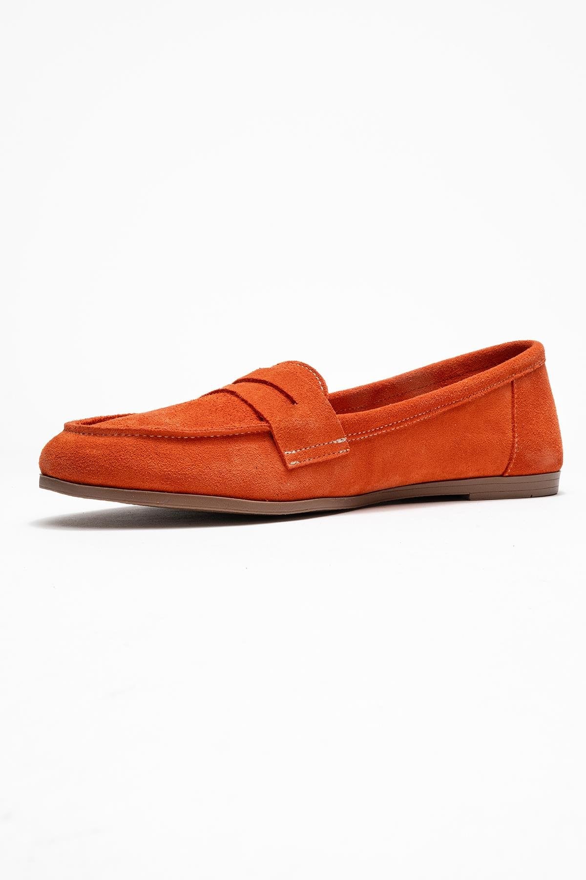 F02 - Orange Genuine Leather Loafer – heel view showing leather, Vowalisse