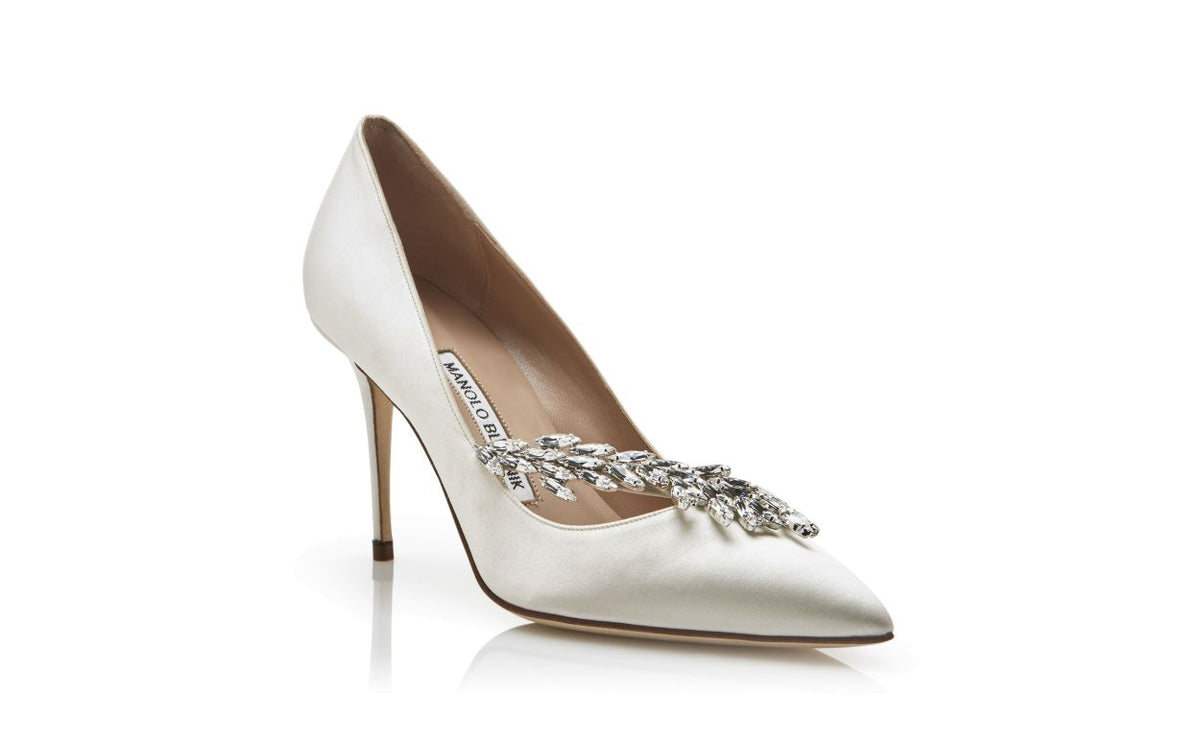 Alessia Belle White Jewel Buckle Pumps – top view showing white jewel buckle, pointed toe, satin, Vowalisse