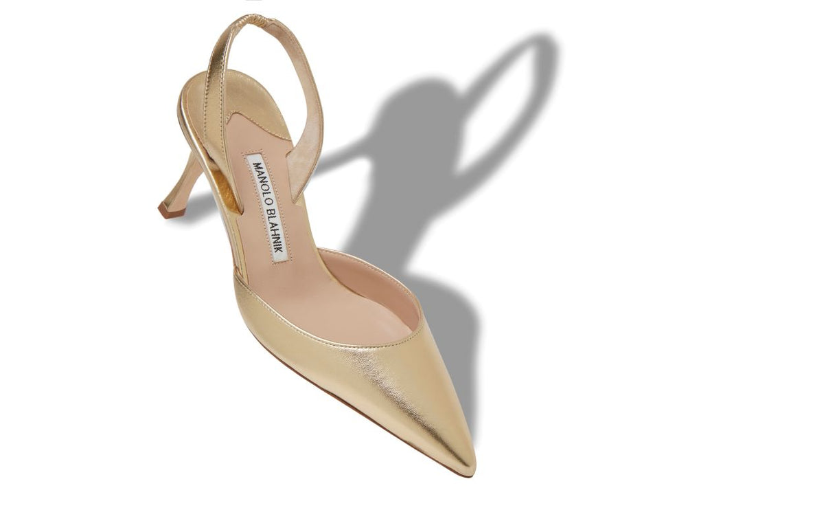 Arabella Crown Gold Slingback Slingbacks – front three-quarter view showing gold slingback, almond toe, nappa leather…