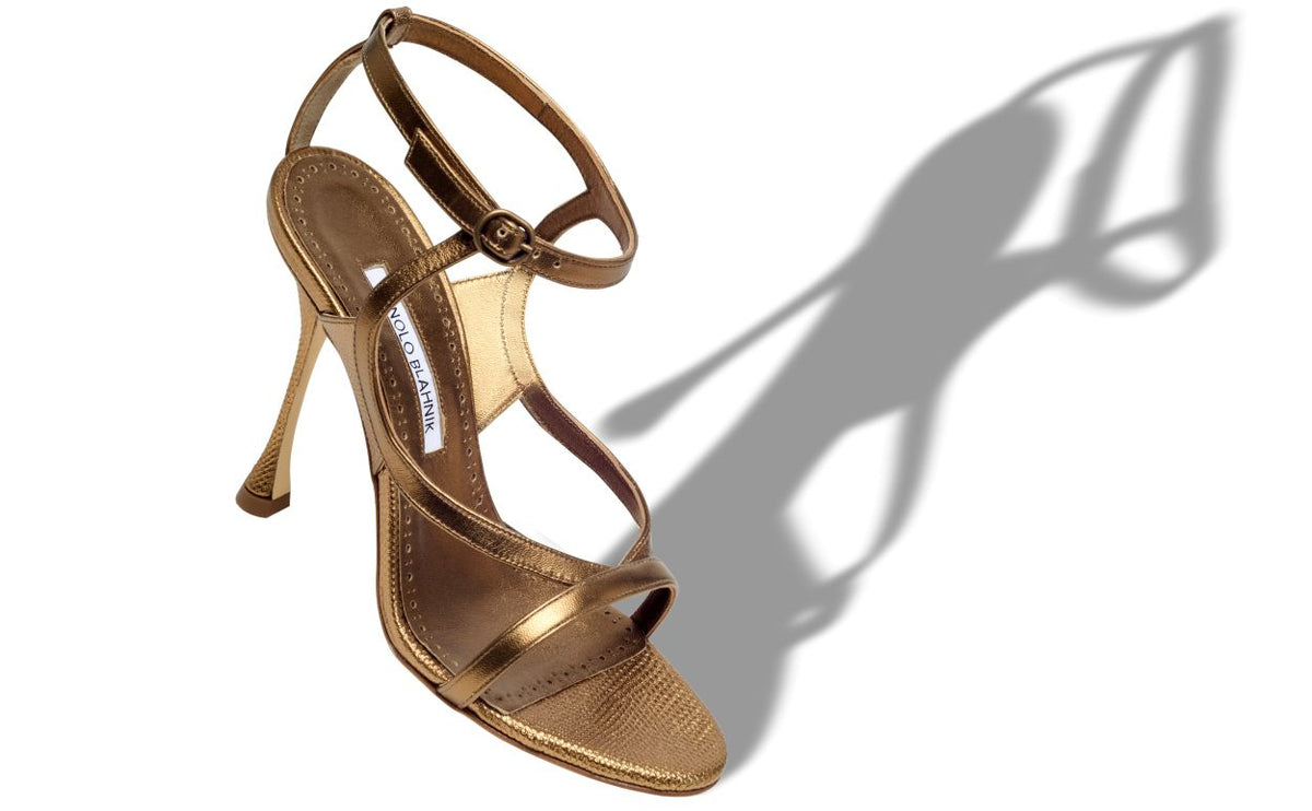 Marielle Muse Gold Ankle Strap Ankle-Strap Shoes – front three-quarter view showing gold ankle strap, open toe, nappa…