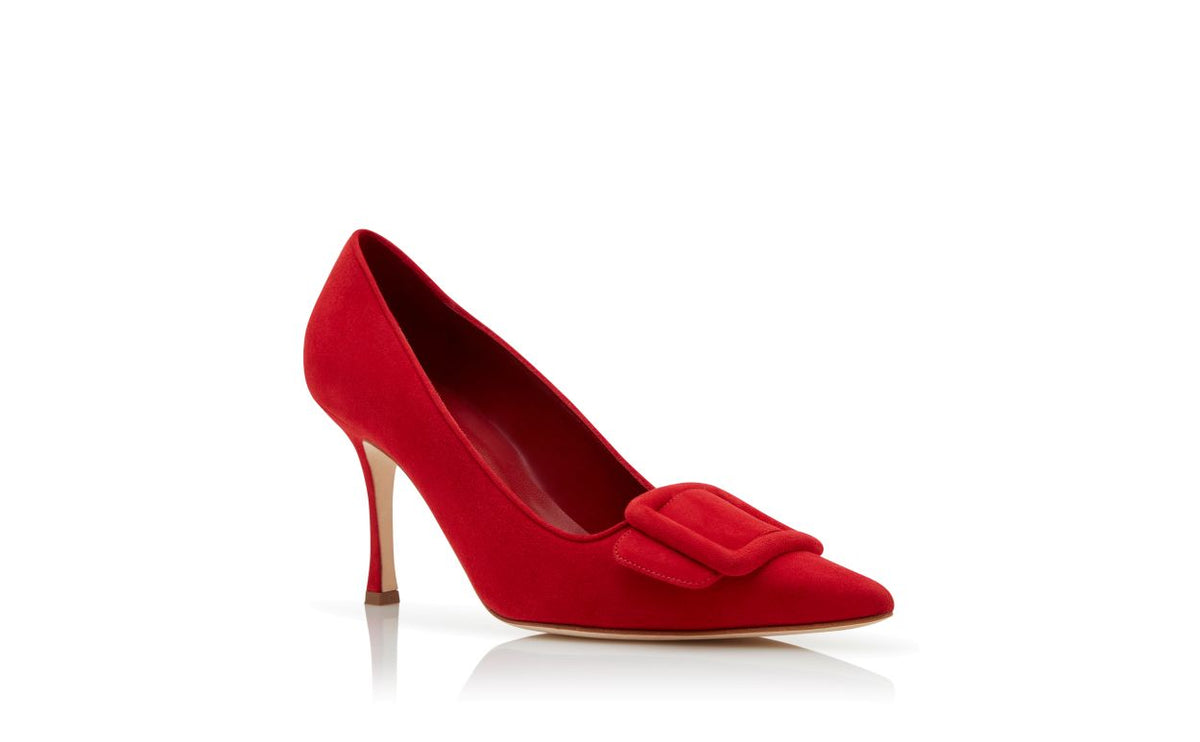 Isadora Dream Red Pointed Toe Pumps – top view showing red pointed toe, suede, Vowalisse