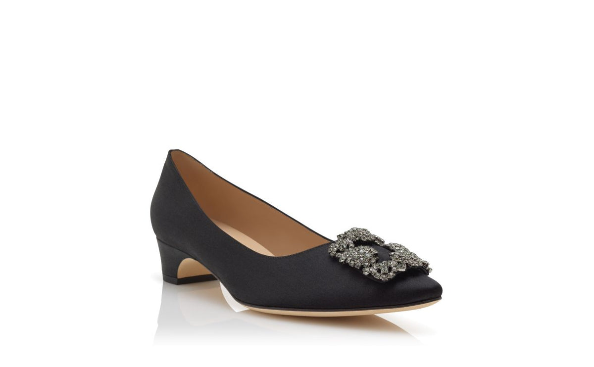 Juliette Shine Black Jewel Buckle Pumps – top view showing black jewel buckle, crystal buckle, almond toe, satin, Vowalisse