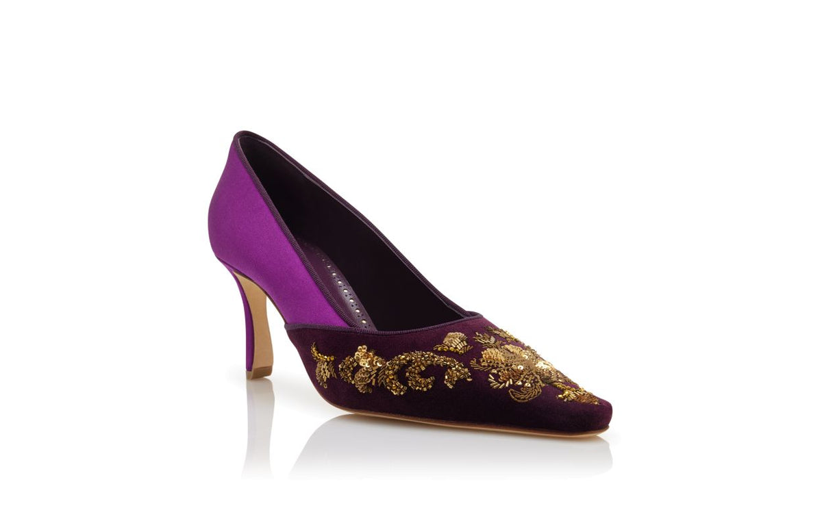 Lucienne Rose Purple Embroidered Pumps – top view showing purple embroidered, almond toe, satin, velvet, Vowalisse