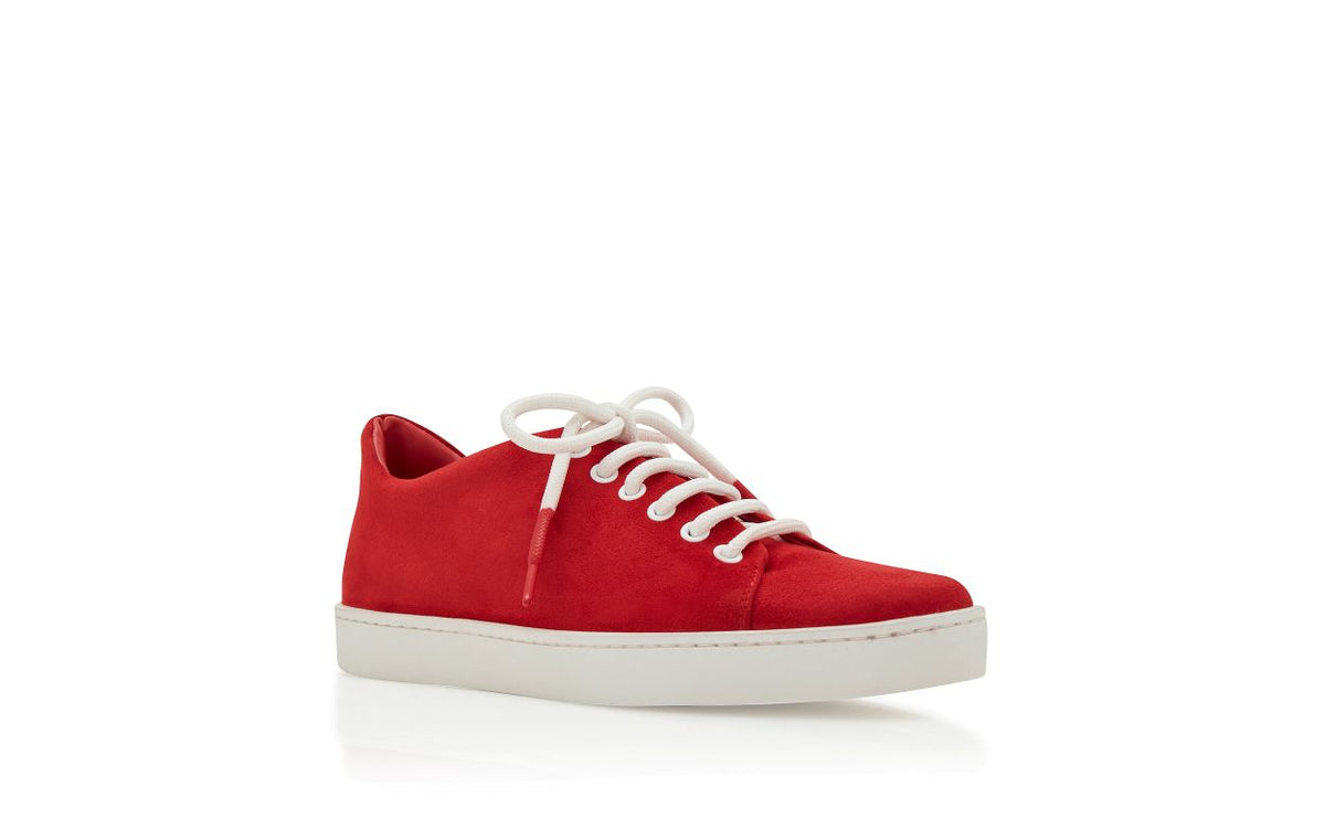Genevieve Jewel Red Round Toe Sneakers – top view showing red round toe, suede, lace, Vowalisse