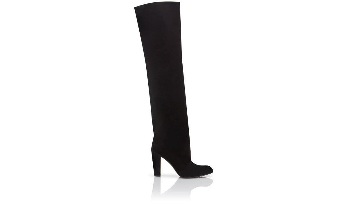 Celeste Rose Black Pointed Toe Knee-High Boots – side profile showing black pointed toe, suede, Vowalisse