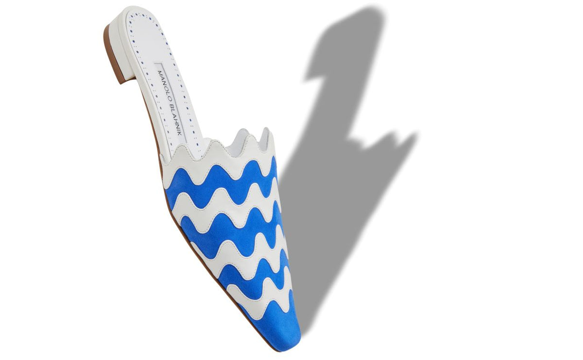 Seraphina Shine Blue Almond Toe Mules – front three-quarter view showing blue almond toe, suede, nappa leather, Vowalisse