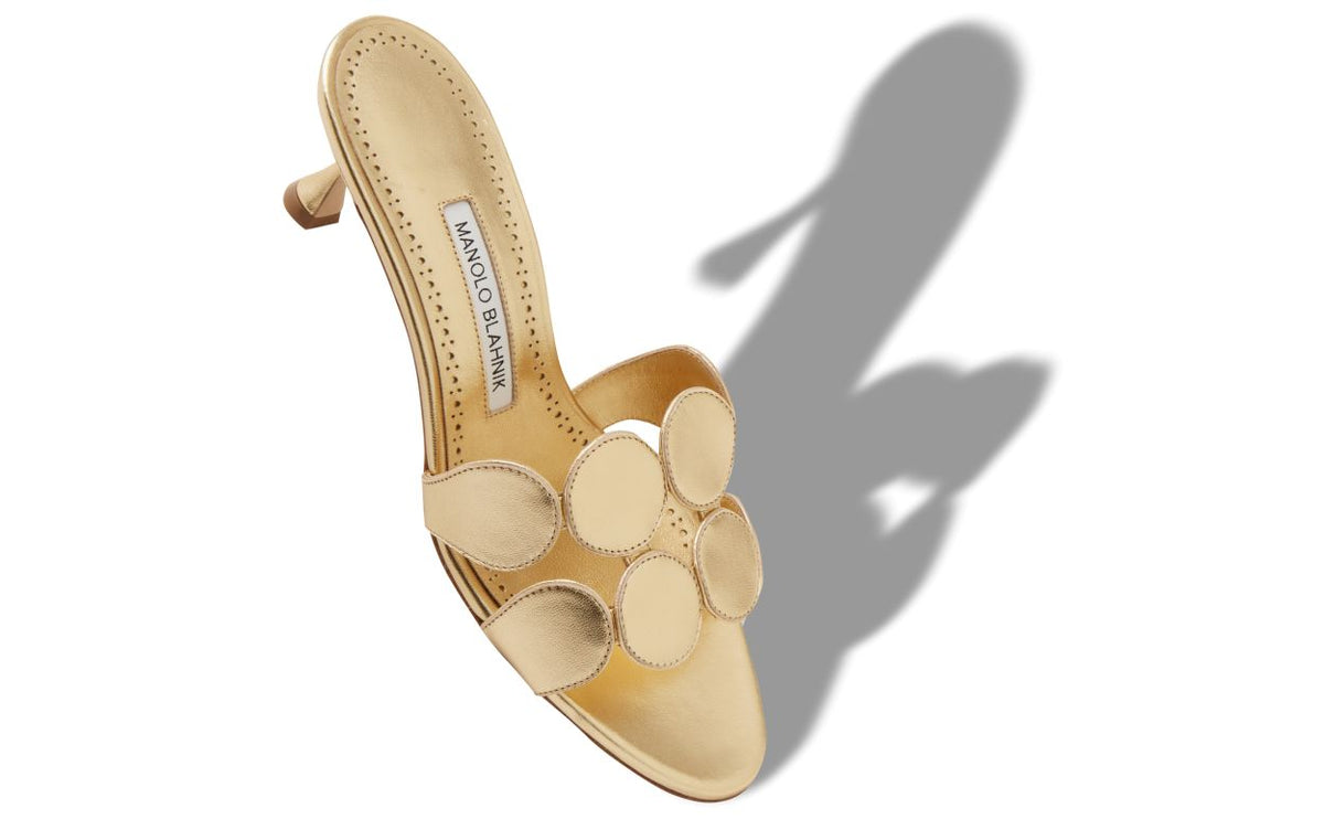 Cressida Élan Gold Open Toe Mules – front three-quarter view showing gold open toe, nappa leather, Vowalisse