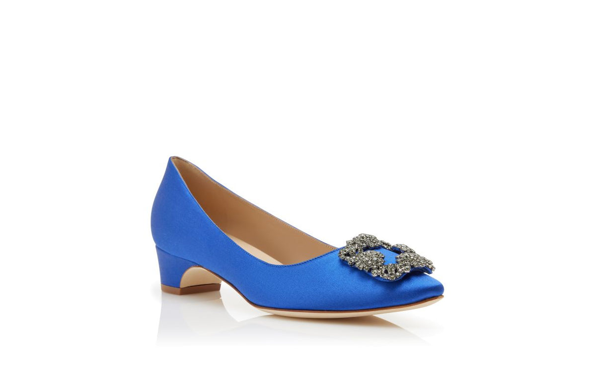 Estelle Muse Blue Jewel Buckle Pumps – top view showing blue jewel buckle, crystal buckle, almond toe, satin, Vowalisse