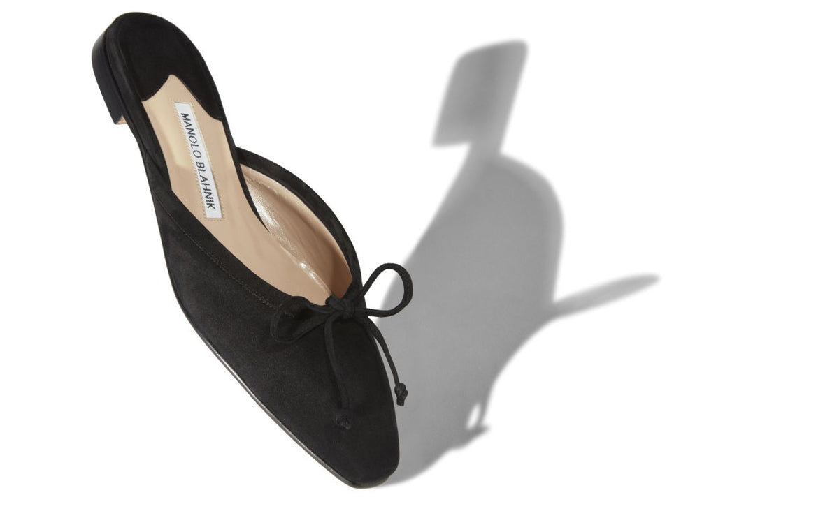 Seraphina Bloom Black Almond Toe Mules – front three-quarter view showing black almond toe, suede, lace, Vowalisse