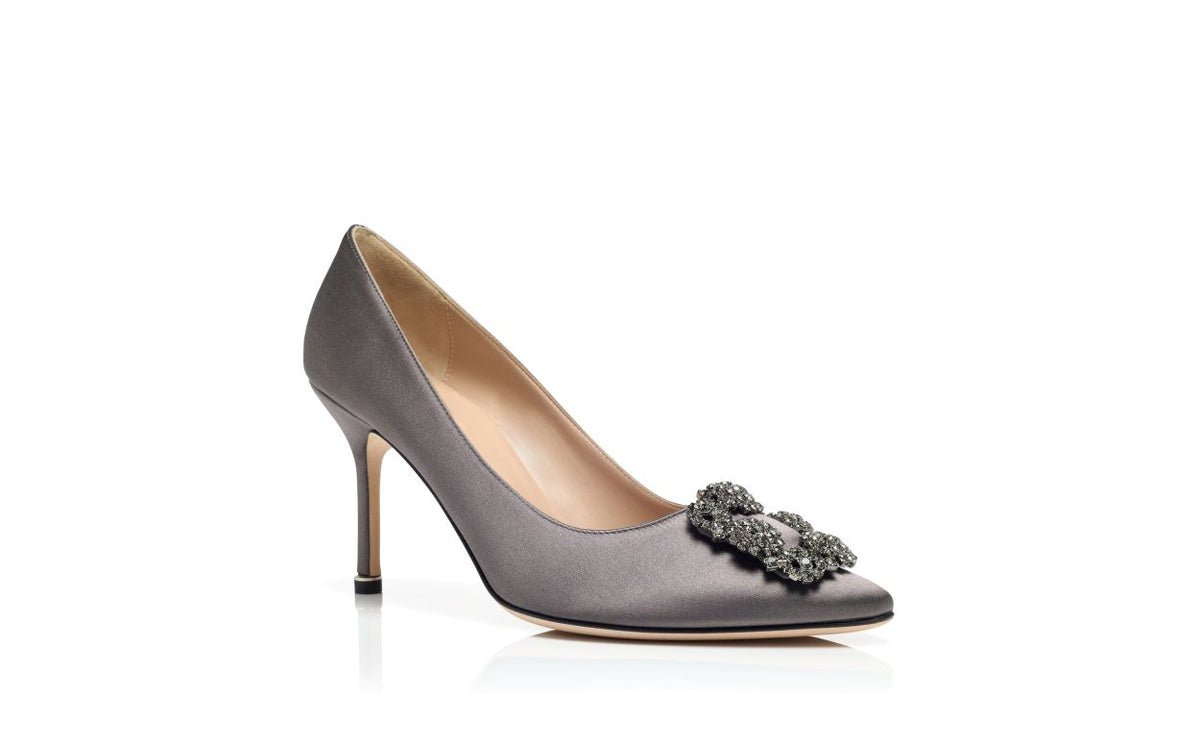 Bianca Jewel Grey Jewel Buckle Pumps – top view showing grey jewel buckle, crystal buckle, almond toe, satin, Vowalisse