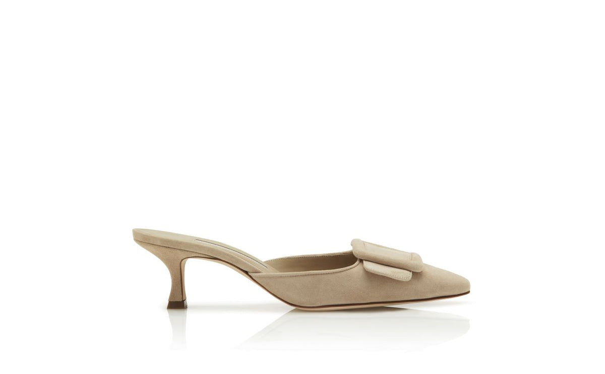 Juliette Belle Neutral Suede Mules – side profile showing neutral suede, Vowalisse