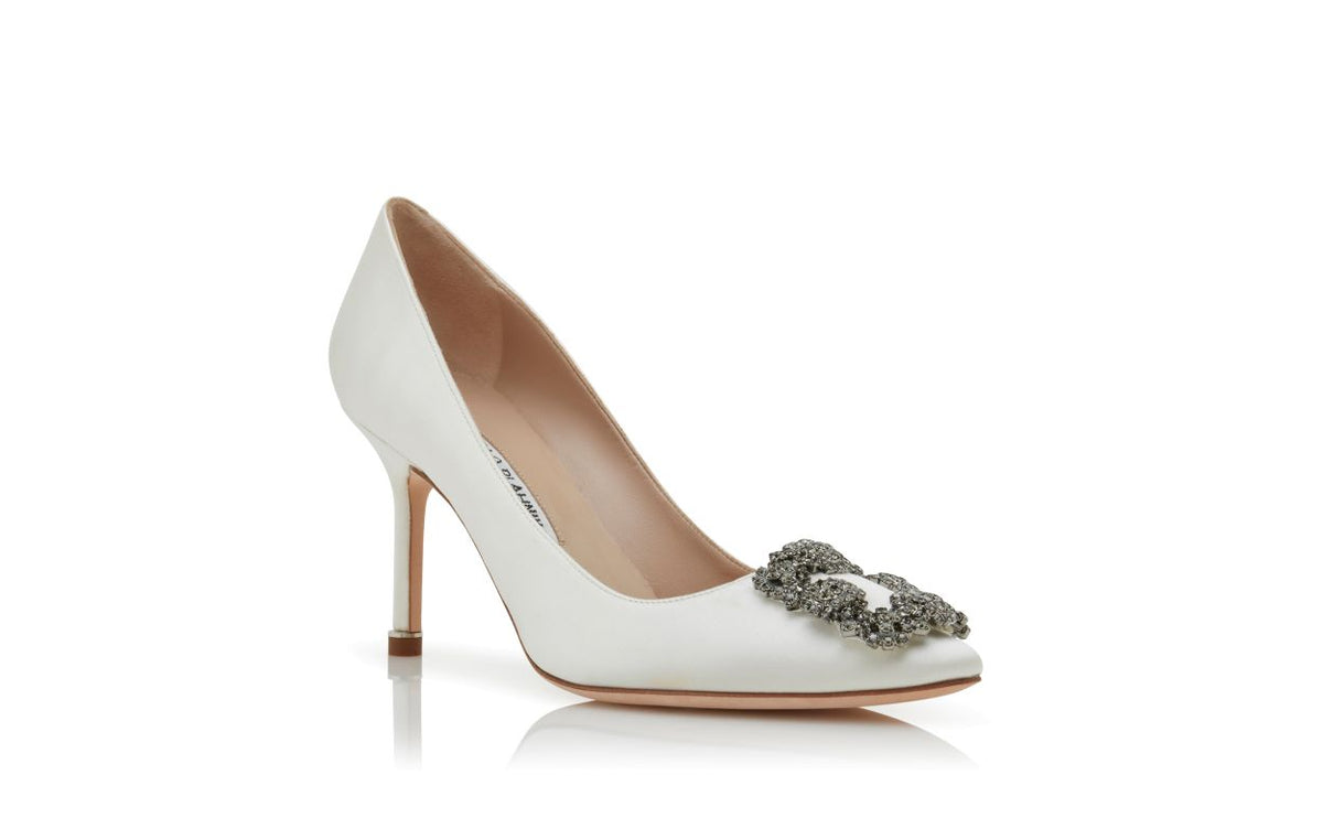 Bianca Élan White Jewel Buckle Pumps – top view showing white jewel buckle, crystal buckle, almond toe, satin, Vowalisse