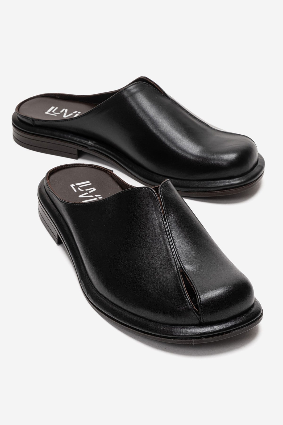 Tansy - Black Genuine Leather Closed-Toe Low Heel Mule – front three-quarter view showing leather, black, Vowalisse