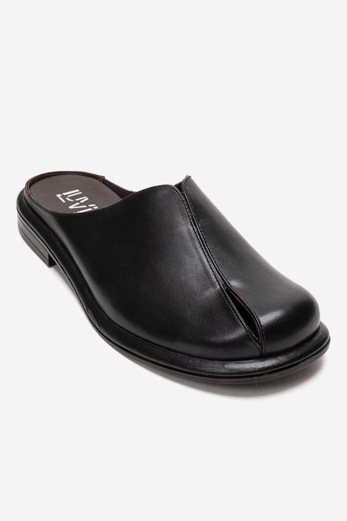 Tansy - Black Genuine Leather Closed-Toe Low Heel Mule – detail view showing leather, black, Vowalisse