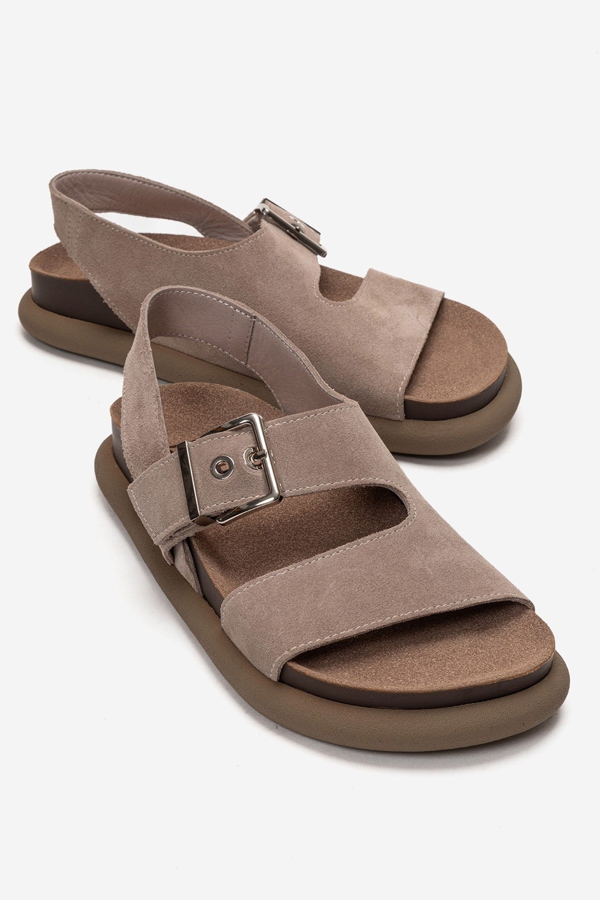JALVEN - Taupe Genuine Leather Sandal – front three-quarter view showing leather, suede, Vowalisse