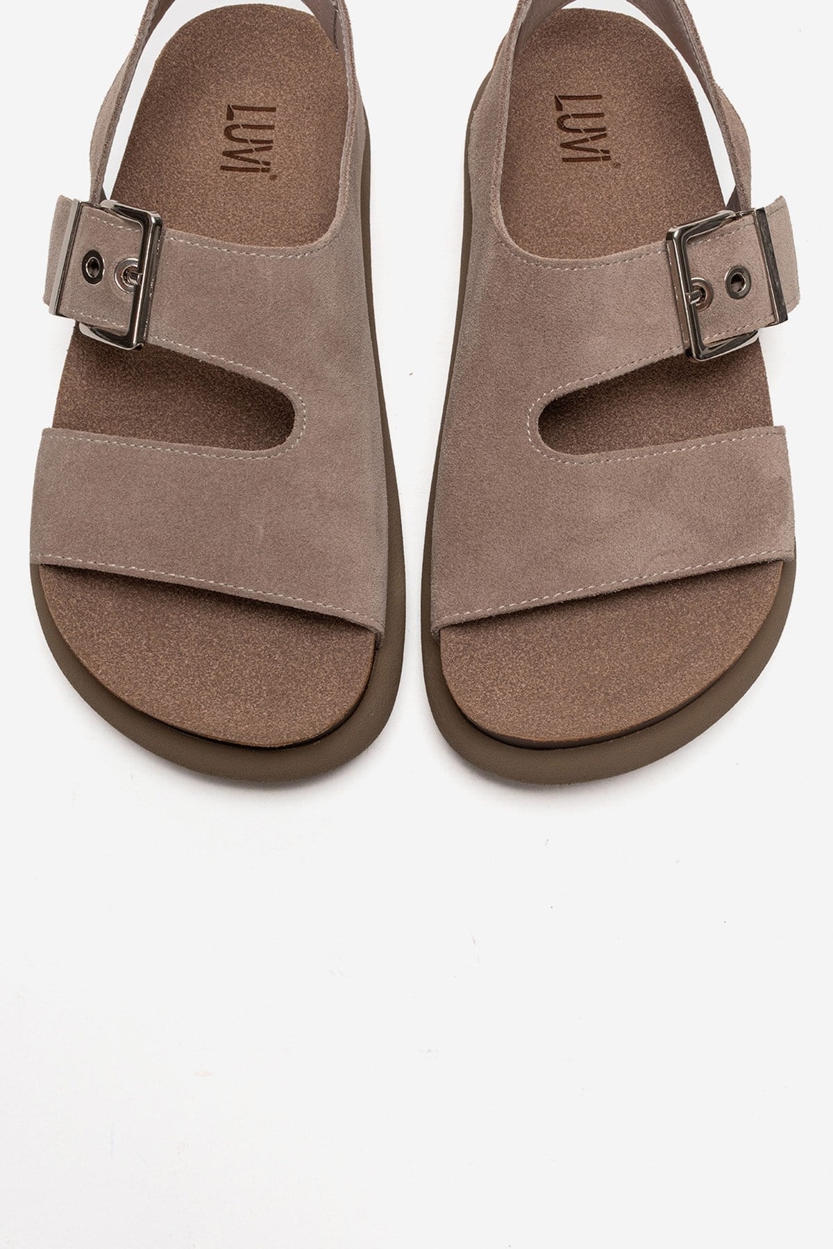 JALVEN - Taupe Genuine Leather Sandal – side view showing leather, suede, Vowalisse