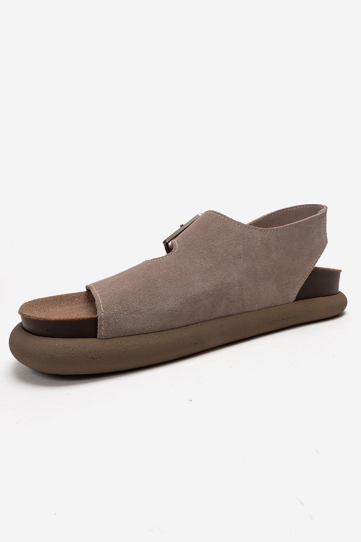 JALVEN - Taupe Genuine Leather Sandal – top view showing leather, suede, Vowalisse