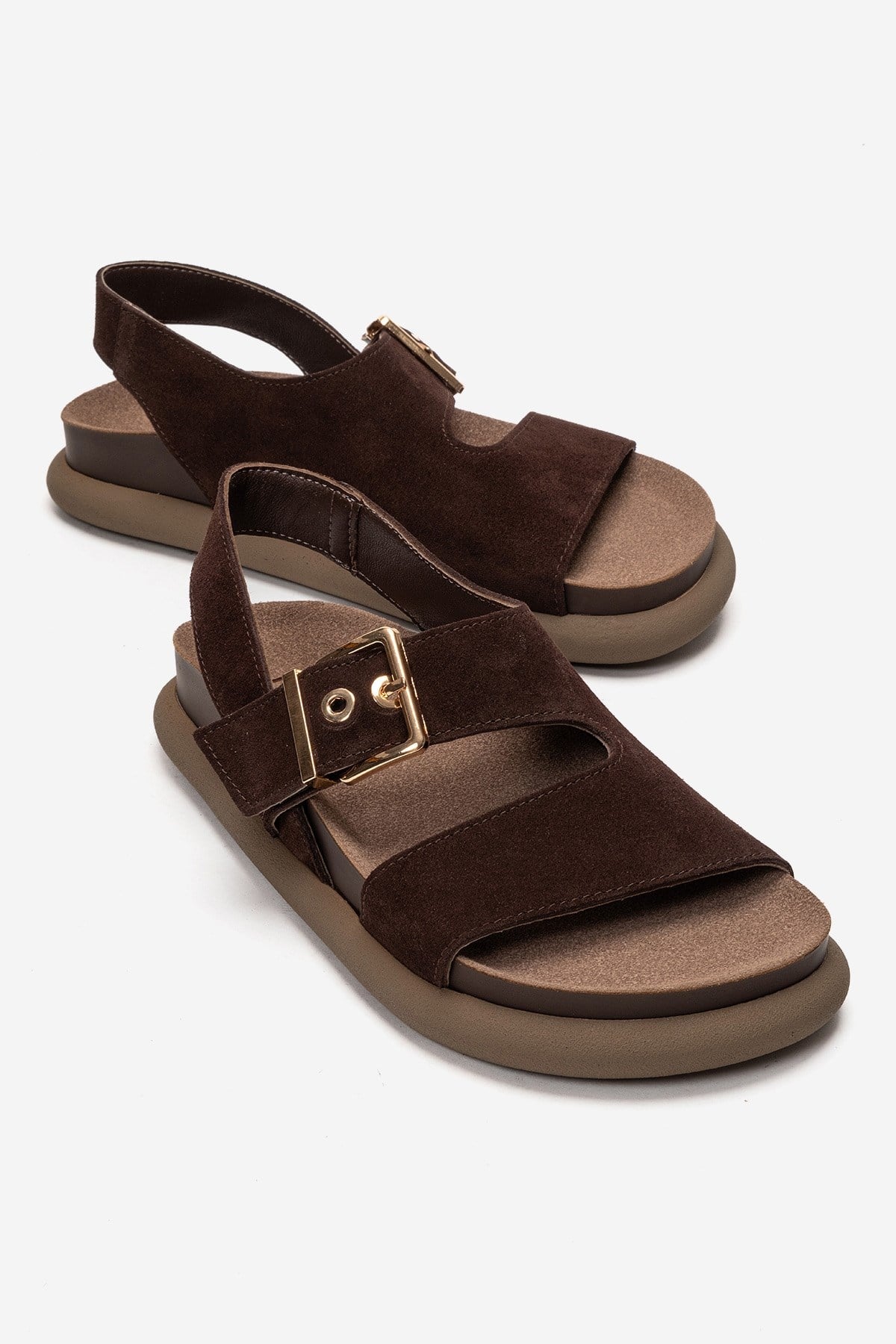 Jalven - Brown Genuine Suede Leather Sandal – front three-quarter view showing leather, suede, Vowalisse