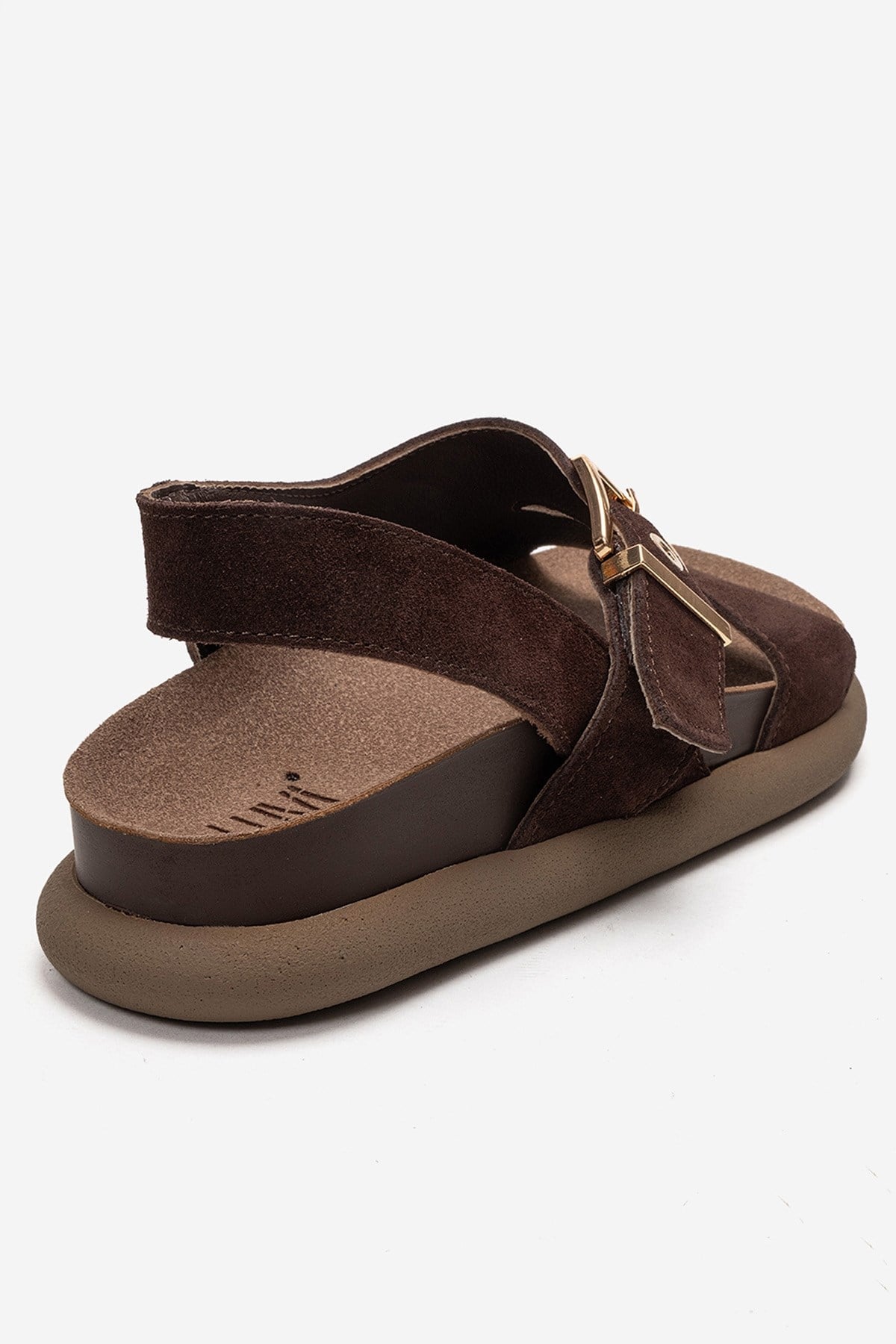 Jalven - Brown Genuine Suede Leather Sandal – back view showing leather, suede, Vowalisse