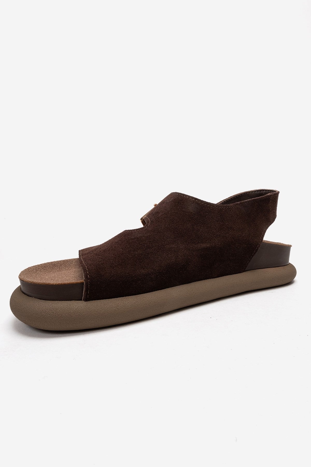Jalven - Brown Genuine Suede Leather Sandal – top view showing leather, suede, Vowalisse