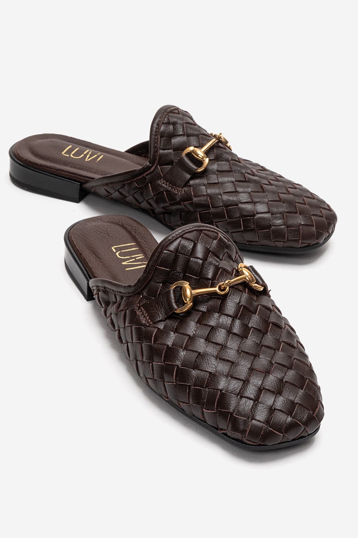 SENIA - Brown Genuine Leather Buckle Front Closed Mule – front three-quarter view showing leather, gold, Vowalisse