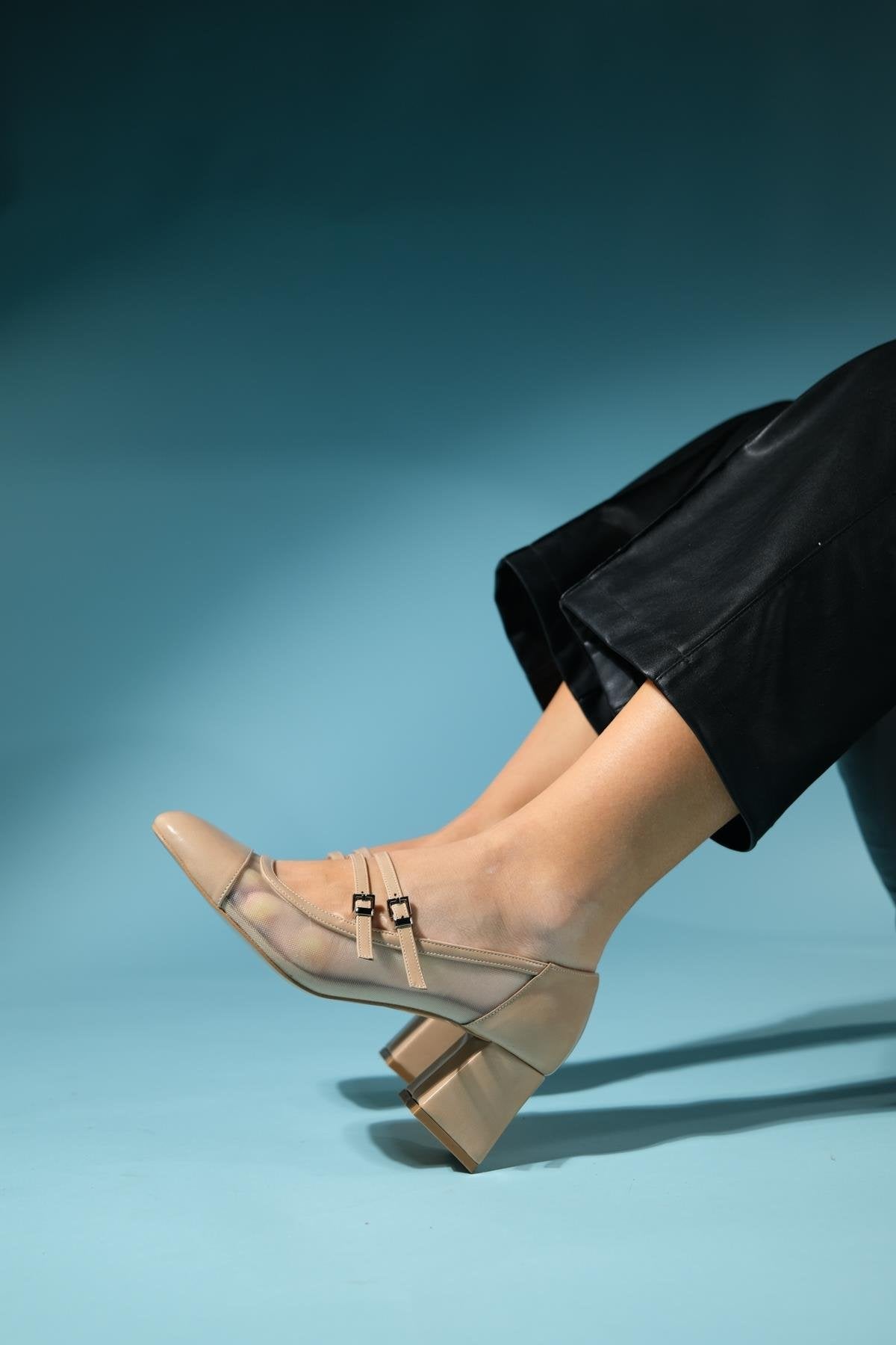 Scots - Beige Block Heel Shoe – top view showing leather, Vowalisse