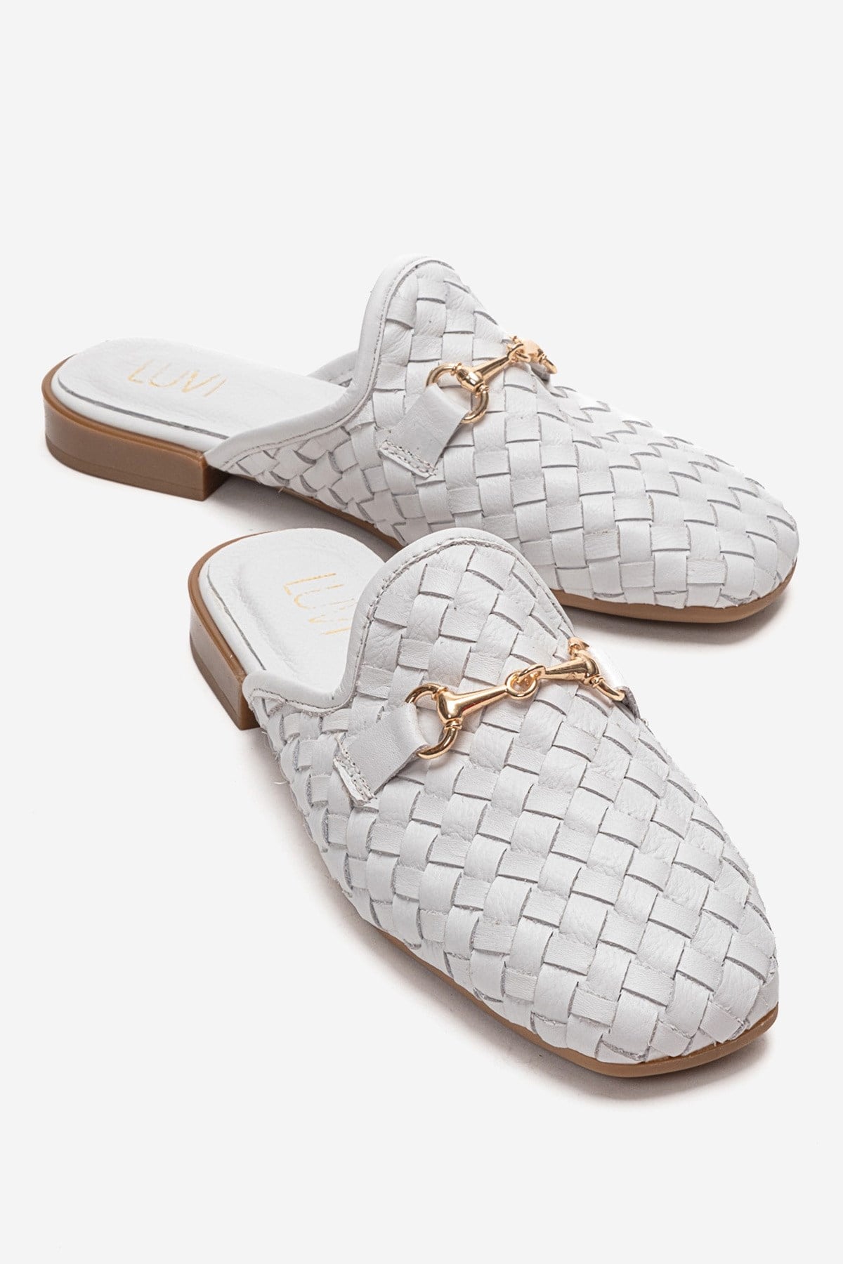 SENIA - White Genuine Leather Buckle Front Closed Mule – front three-quarter view showing leather, white, gold, Vowalisse