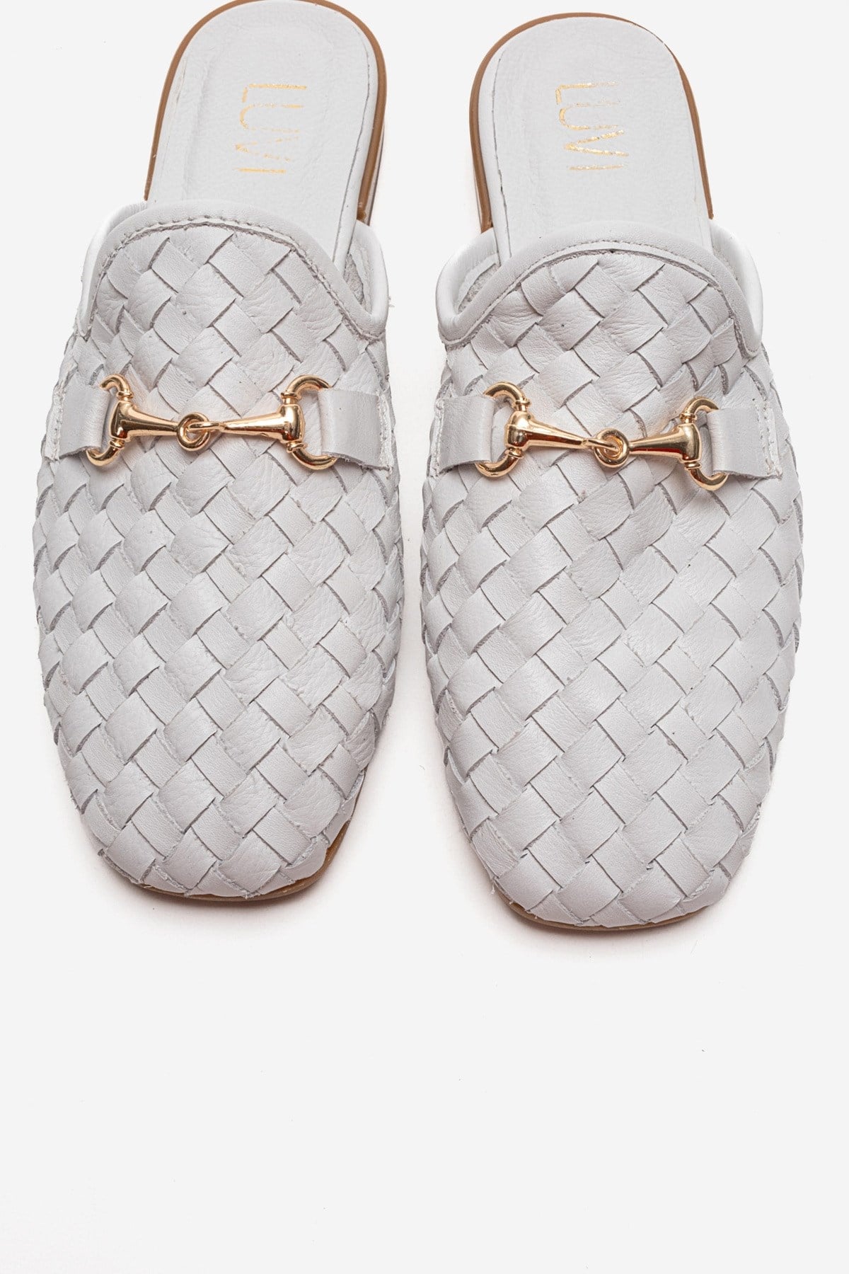 SENIA - White Genuine Leather Buckle Front Closed Mule – side view showing leather, white, gold, Vowalisse