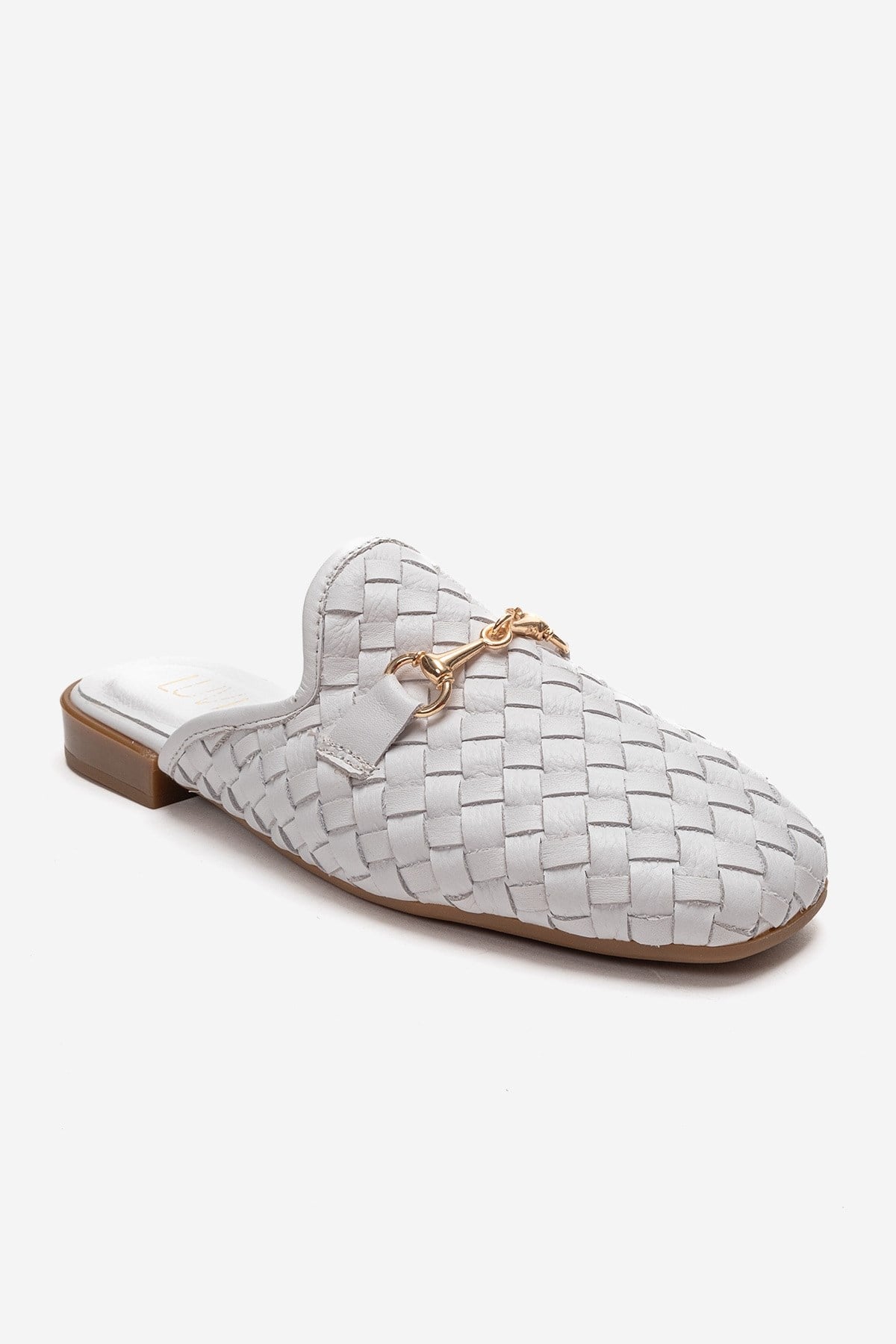 SENIA - White Genuine Leather Buckle Front Closed Mule – detail view showing leather, white, gold, Vowalisse