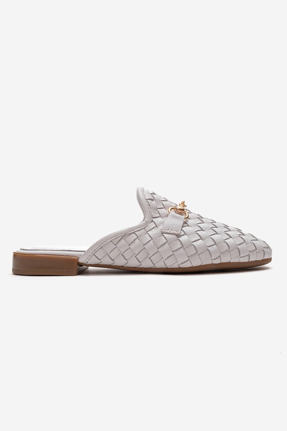 SENIA - White Genuine Leather Buckle Front Closed Mule – heel view showing leather, white, gold, Vowalisse