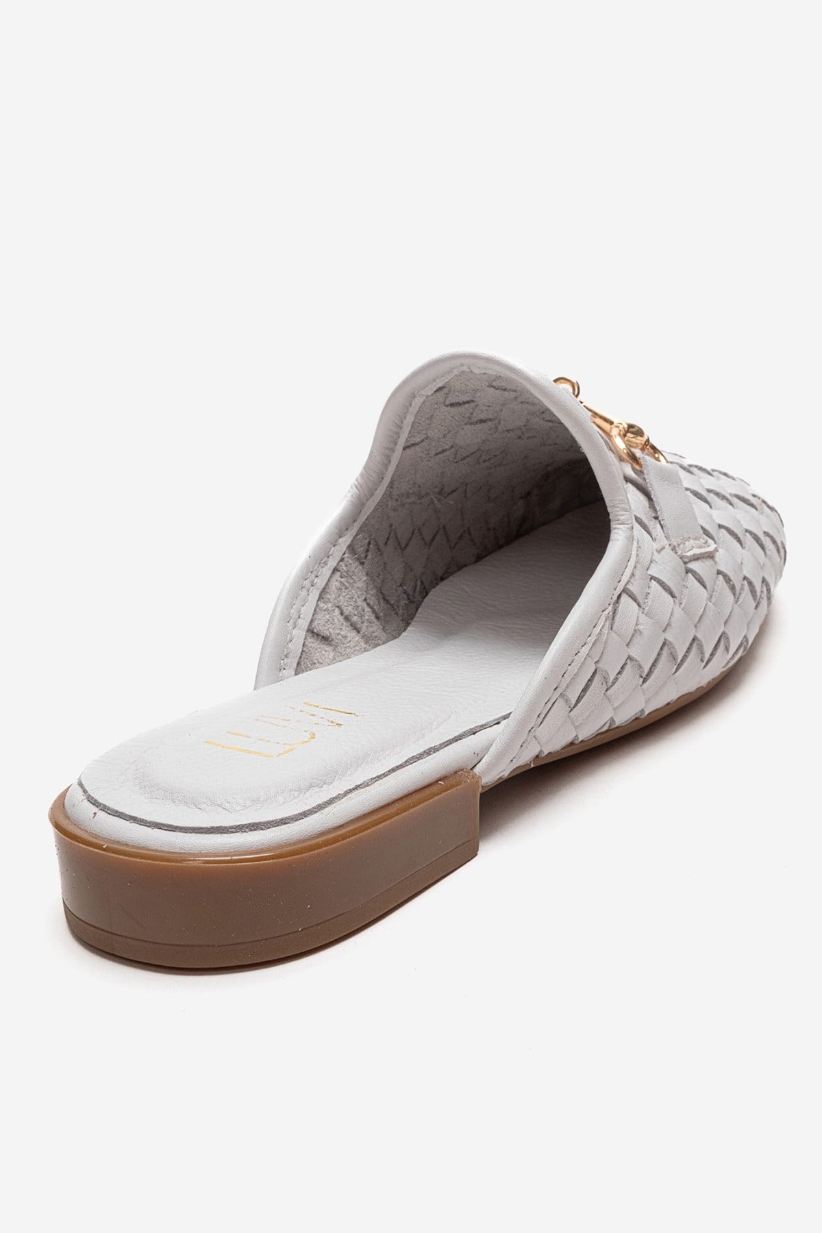 SENIA - White Genuine Leather Buckle Front Closed Mule – back view showing leather, white, gold, Vowalisse