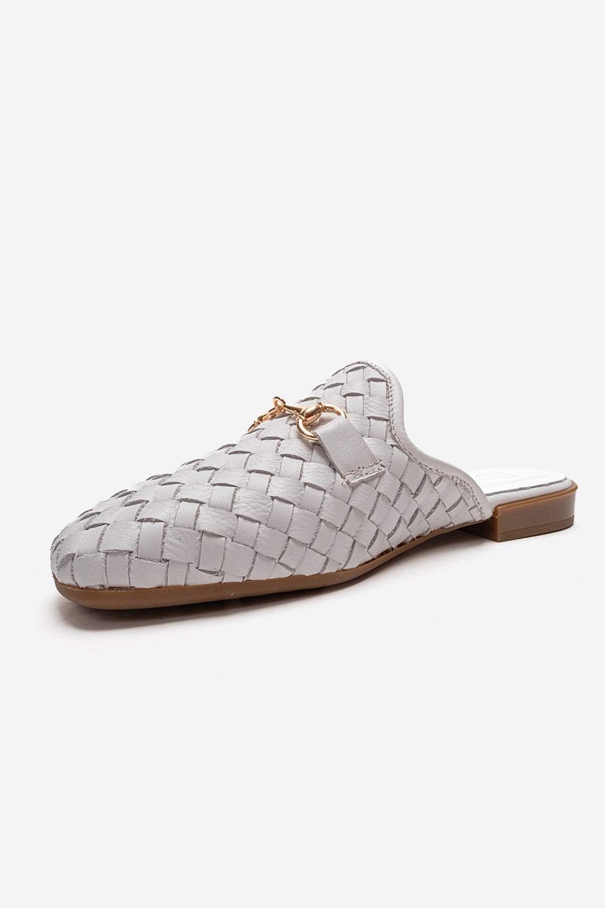 SENIA - White Genuine Leather Buckle Front Closed Mule – top view showing leather, white, gold, Vowalisse
