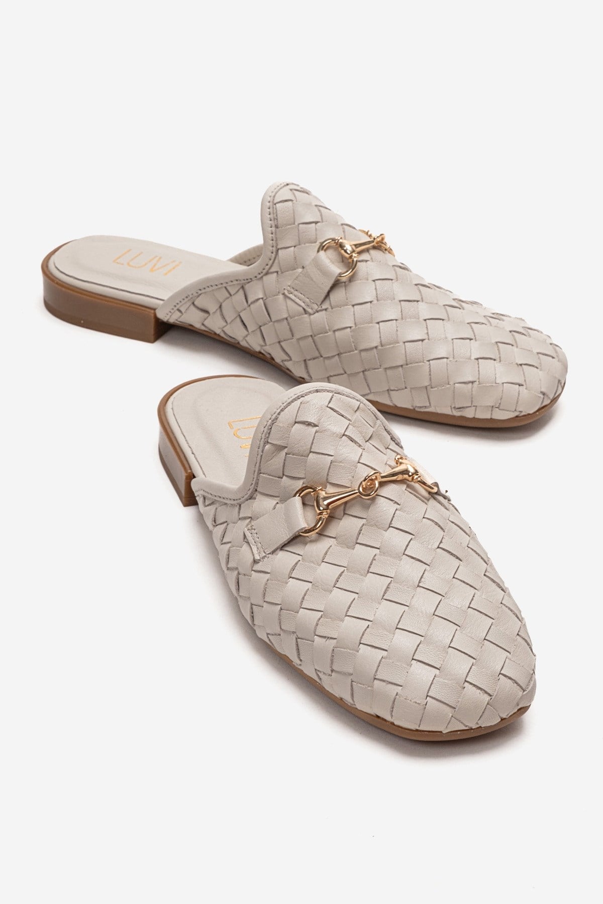 SENIA - Off-White Genuine Leather Buckle Front Closed Mule – front three-quarter view showing leather, white, gold…