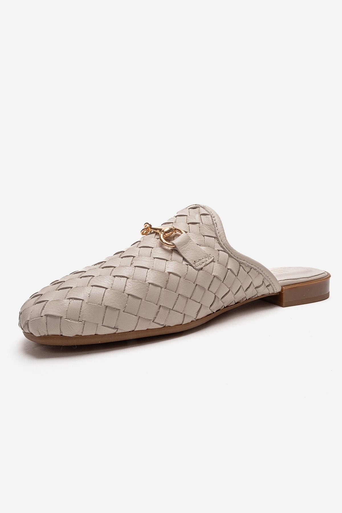 SENIA - Off-White Genuine Leather Buckle Front Closed Mule – back view showing leather, white, gold, Vowalisse