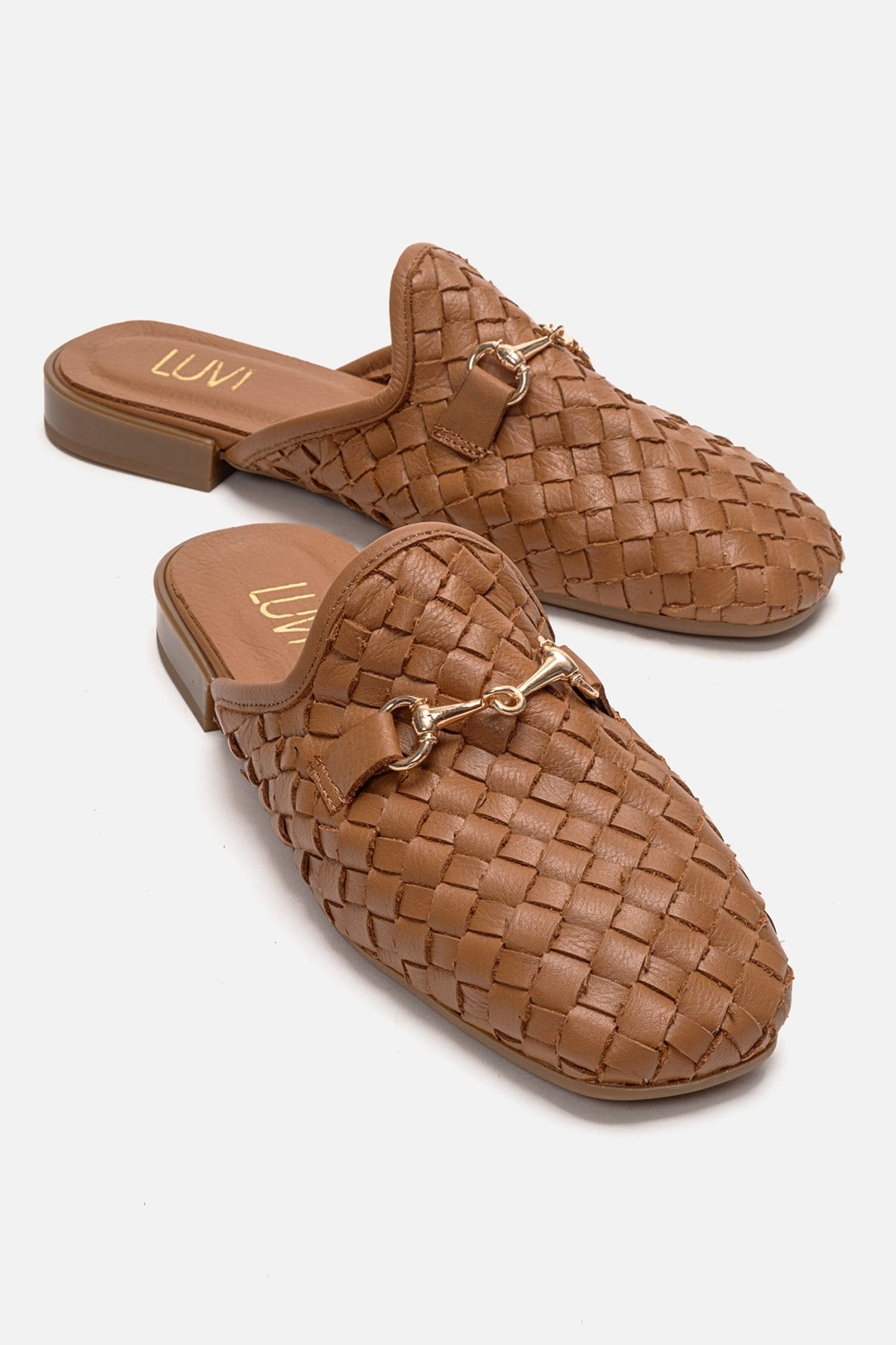 SENIA - Cognac Genuine Leather Buckle Front Closed Mule – front three-quarter view showing leather, gold, Vowalisse