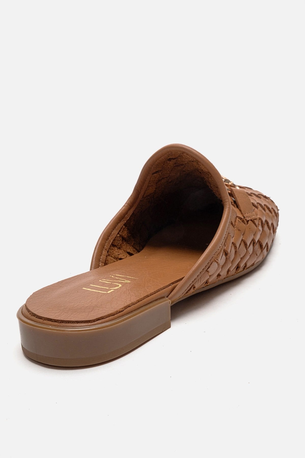 SENIA - Cognac Genuine Leather Buckle Front Closed Mule – back view showing leather, gold, Vowalisse
