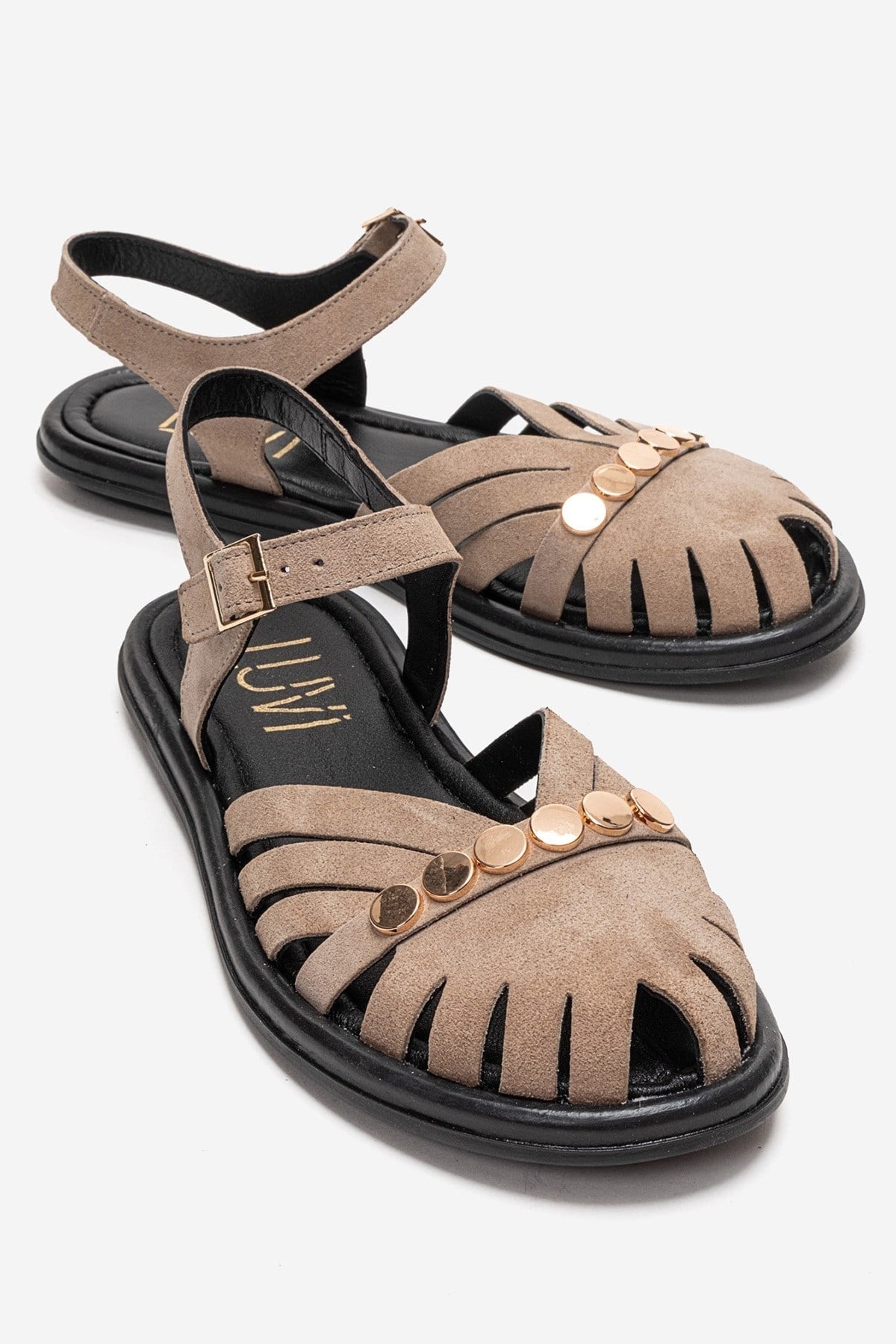 CHIELA - Taupe Genuine Leather Ankle Strap Sandal – front three-quarter view showing leather, suede, metallic, Vowalisse