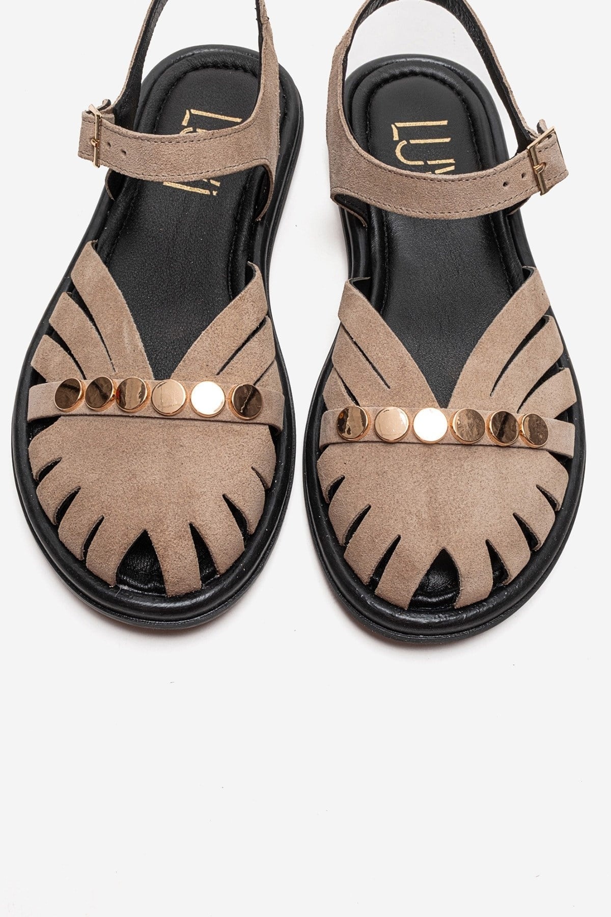 CHIELA - Taupe Genuine Leather Ankle Strap Sandal – side view showing leather, suede, metallic, Vowalisse