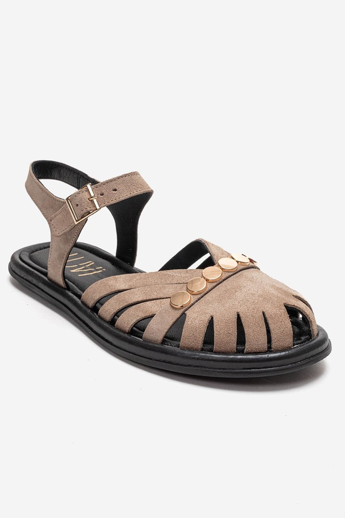 CHIELA - Taupe Genuine Leather Ankle Strap Sandal – detail view showing leather, suede, metallic, Vowalisse
