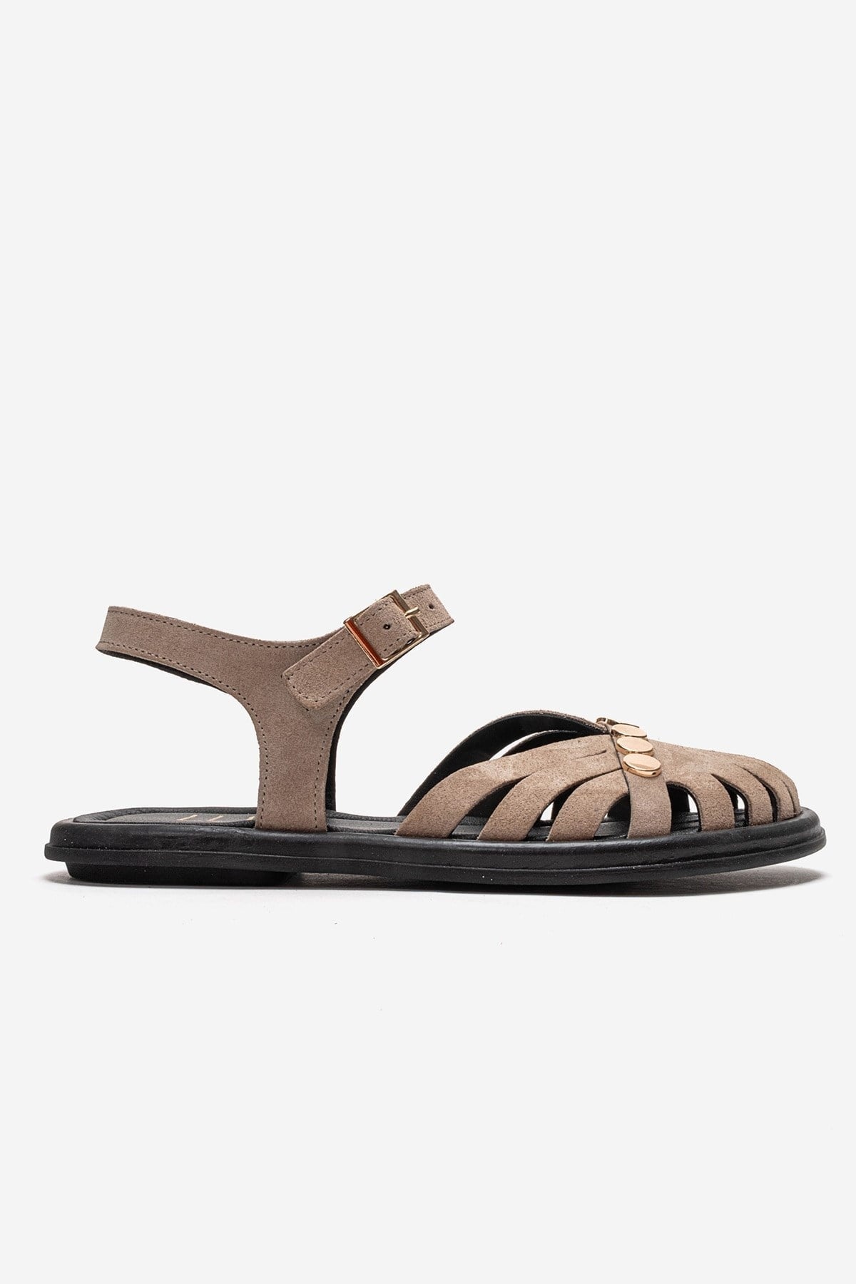 CHIELA - Taupe Genuine Leather Ankle Strap Sandal – heel view showing leather, suede, metallic, Vowalisse