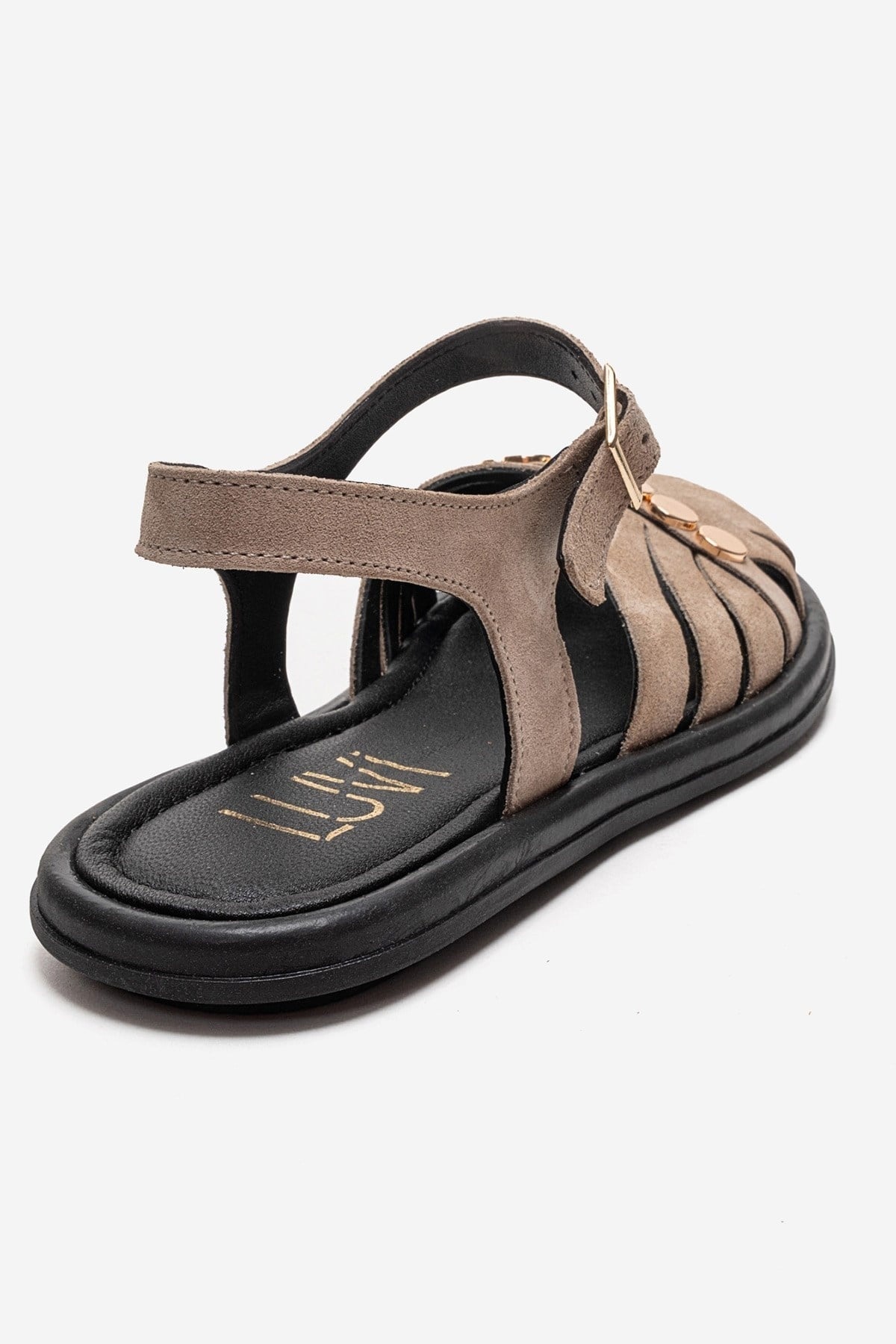 CHIELA - Taupe Genuine Leather Ankle Strap Sandal – back view showing leather, suede, metallic, Vowalisse