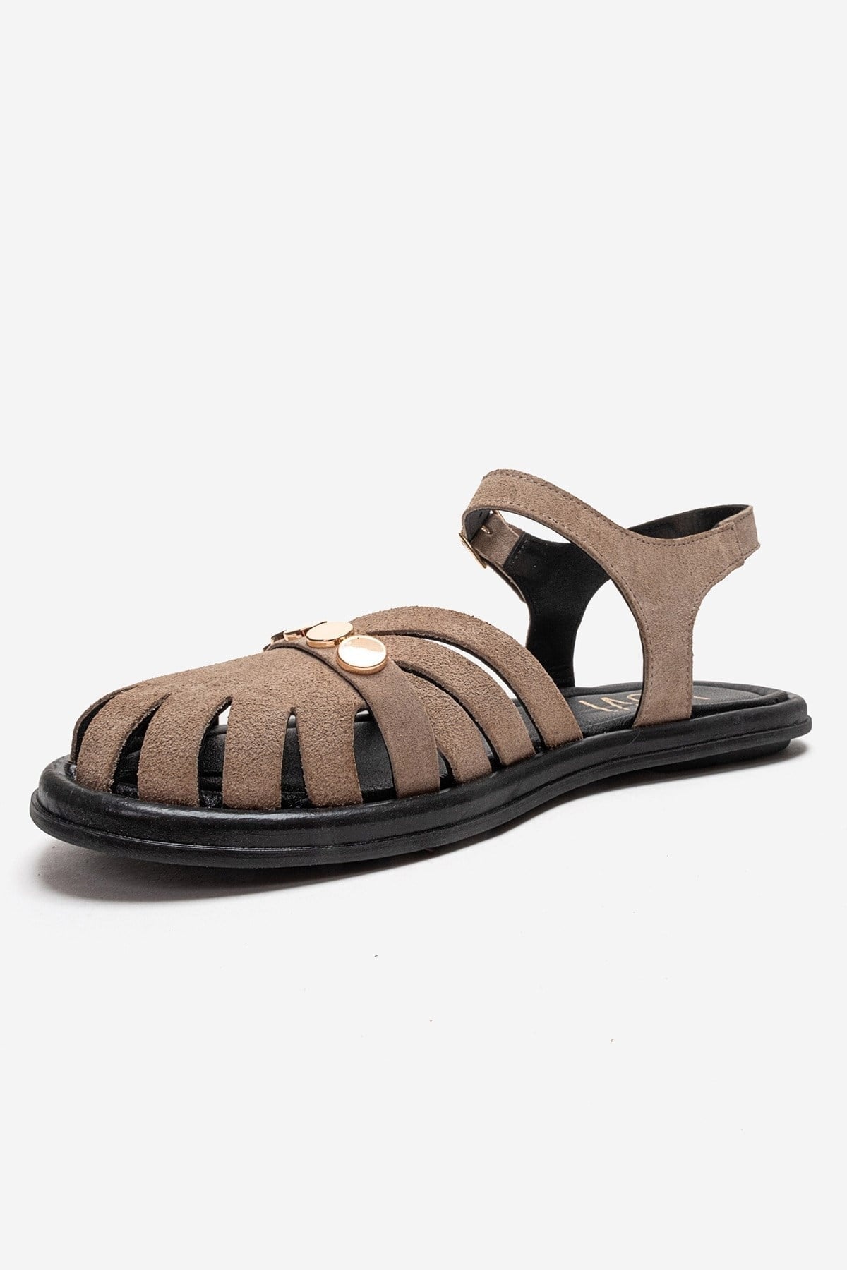 CHIELA - Taupe Genuine Leather Ankle Strap Sandal – top view showing leather, suede, metallic, Vowalisse