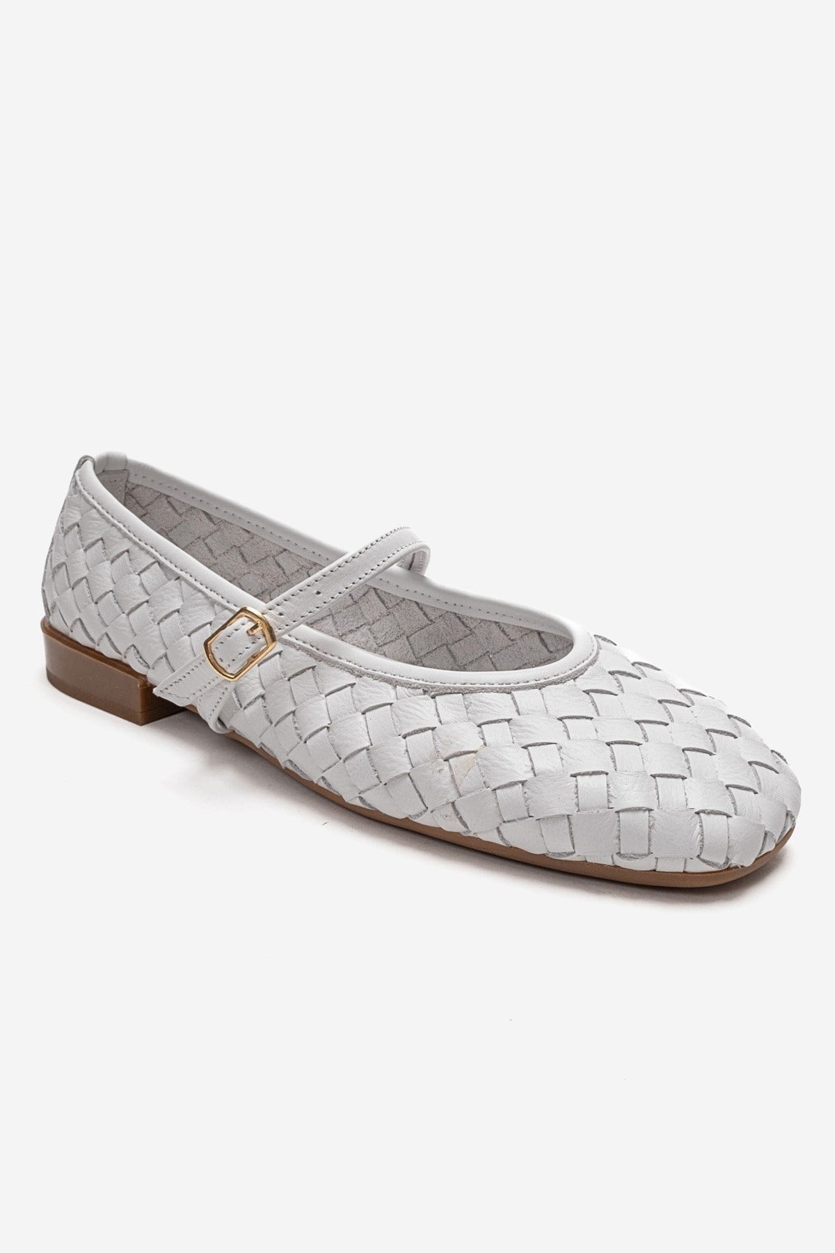 YEVORA - White Genuine Leather Mary Jane Ballet Flat – detail view showing leather, white, Vowalisse