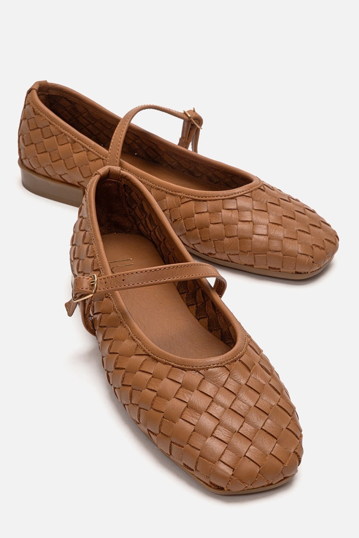 YEVORA - Cognac Genuine Leather Mary Jane Ballet Flat – front three-quarter view showing leather, Vowalisse