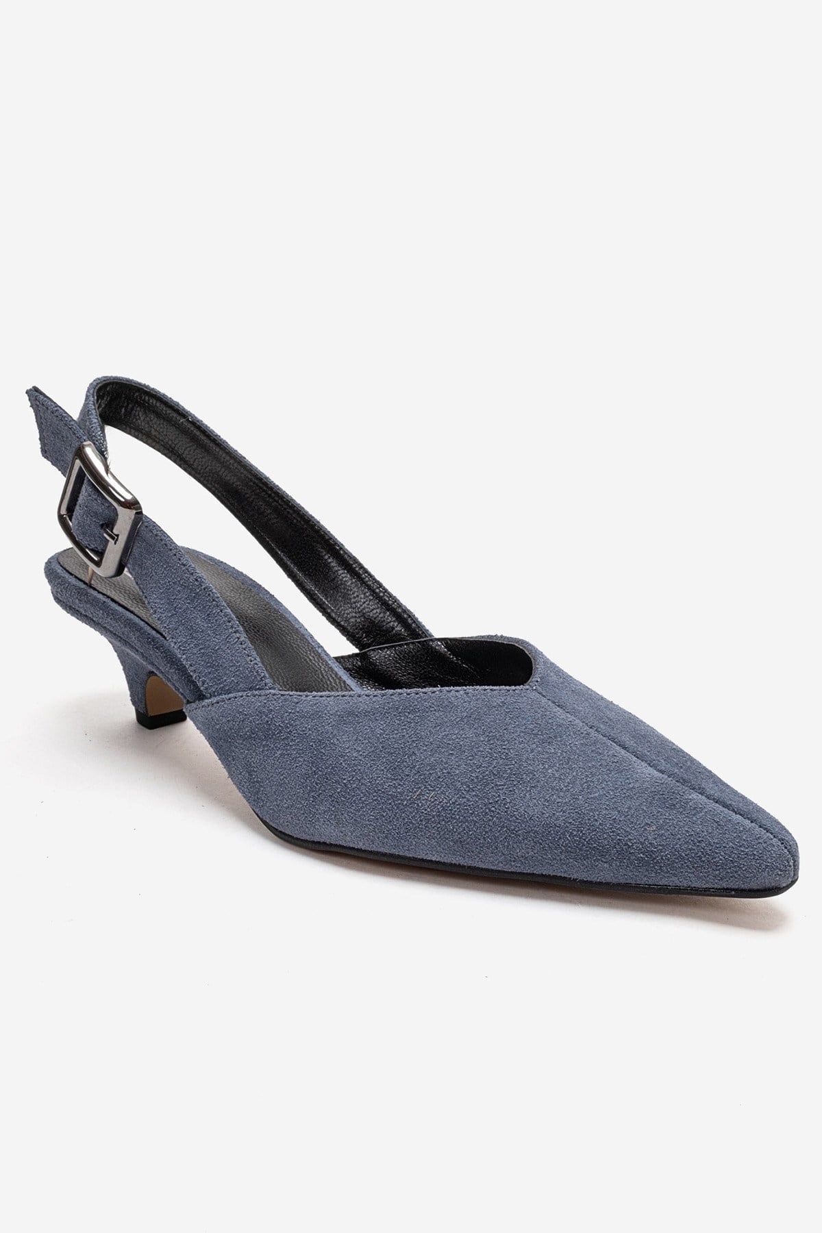 DIORIS - Denim Blue Genuine Leather Slingback Kitten Heel Pump – detail view showing leather, suede, blue, Vowalisse